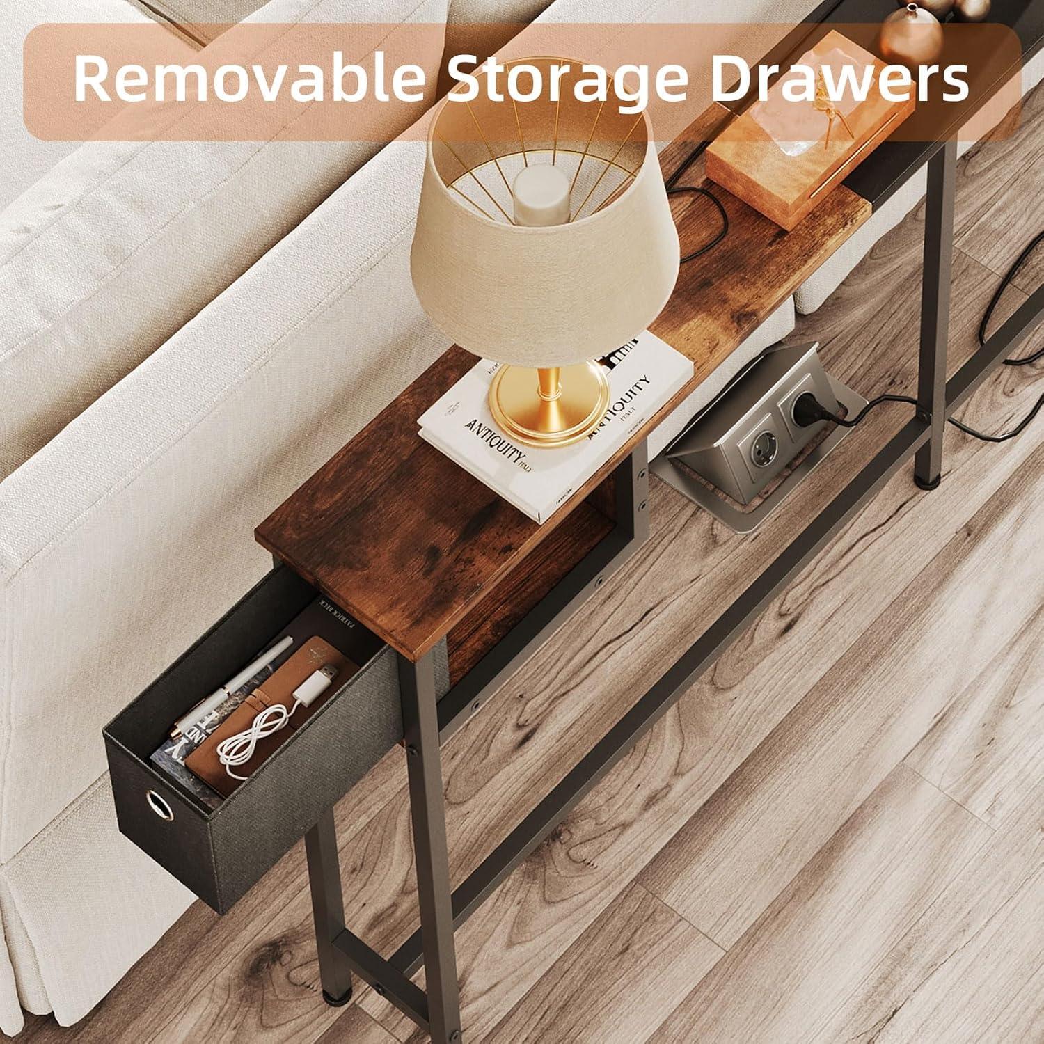 VASAGLE Narrow Console Table 70.9" with 2 Outlet and 2 USB Ports Sofa Table with Charging Station Long Entryway Table Rustic Brown and Black