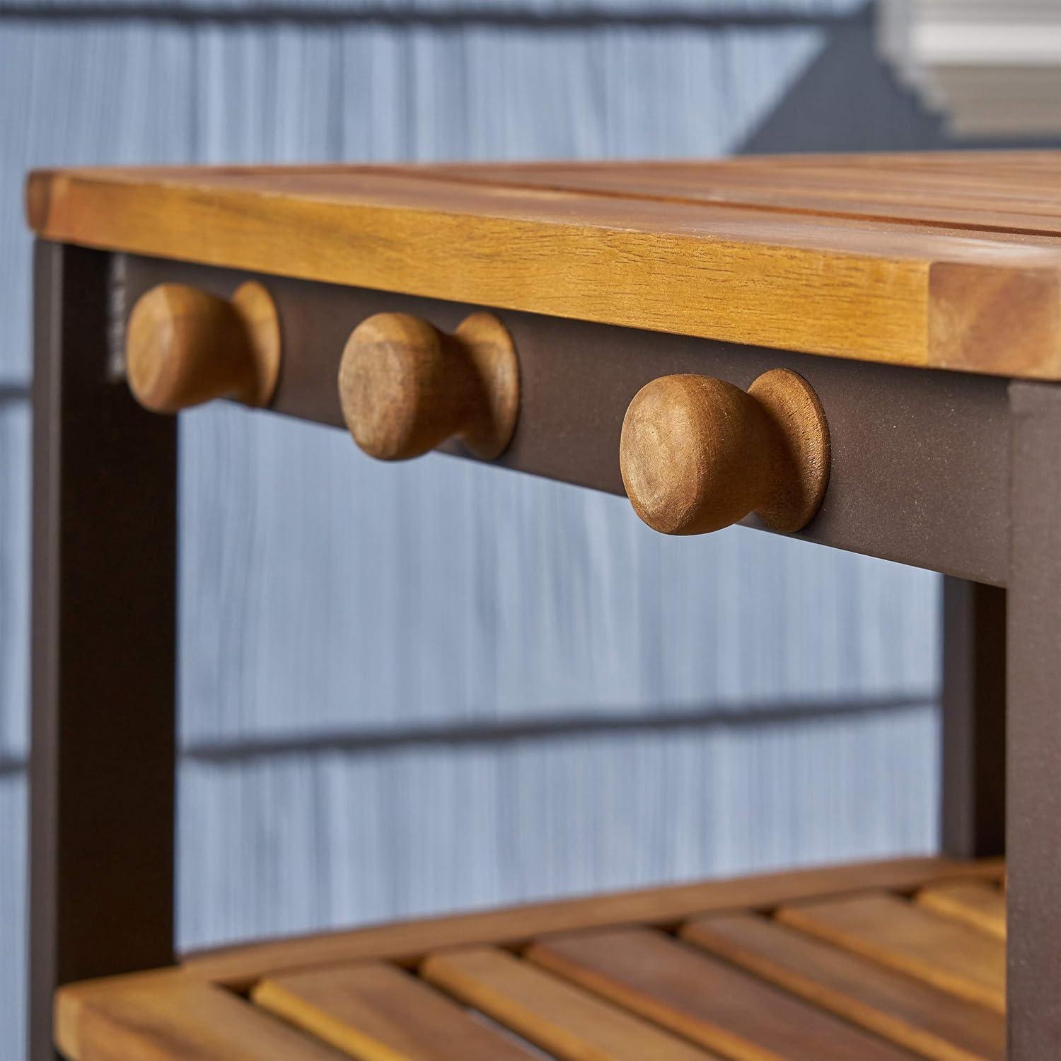 Ishtar Outdoor Acacia Wood Bar Cart with Reversible Drawers and Wine Bottle Holders, Teak Finish