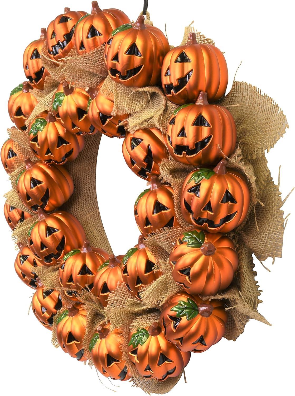 20" Round Burlap and Plastic Pumpkin Halloween Wreath