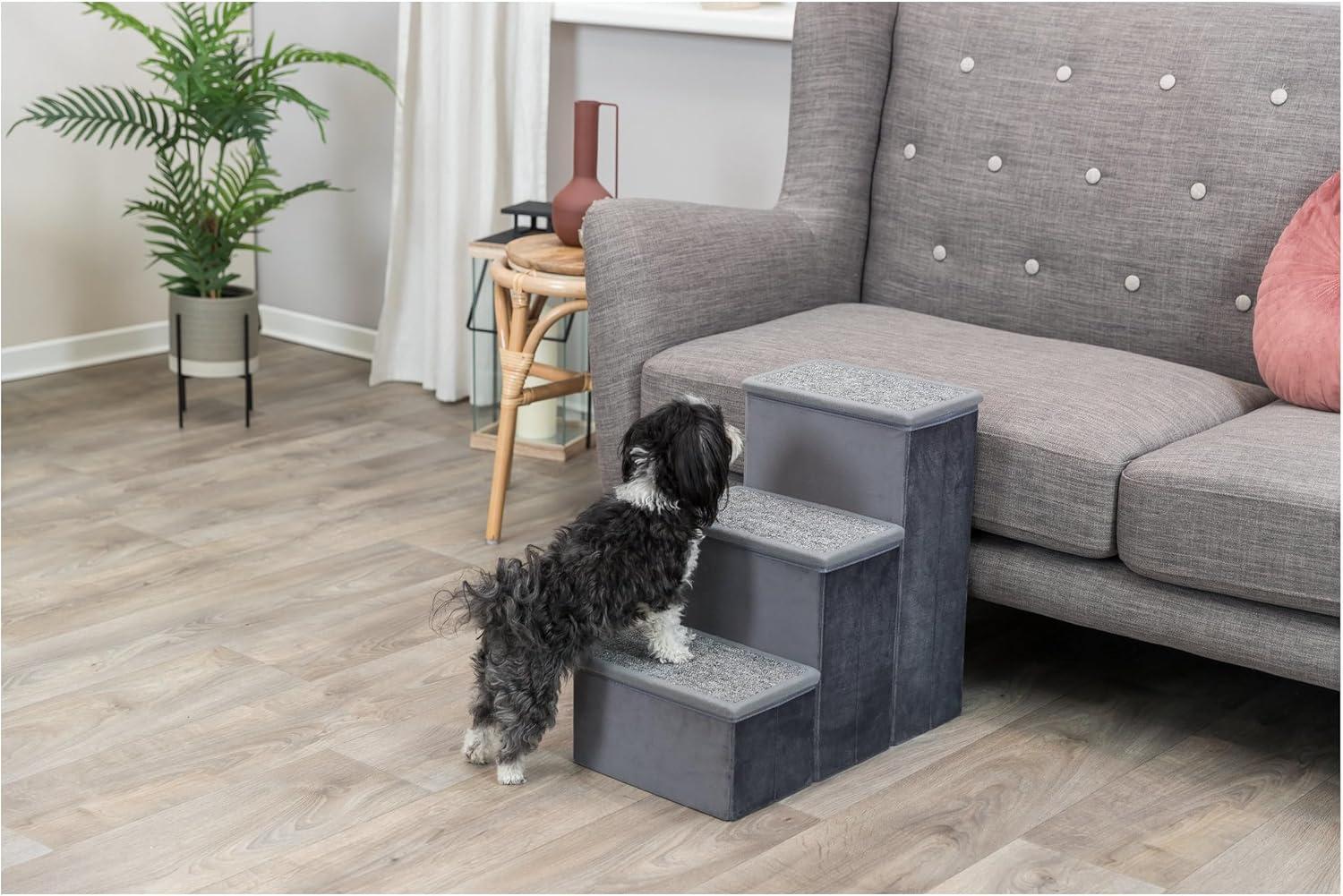 Gray Velour 3-Step Pet Stairs with Storage Compartments