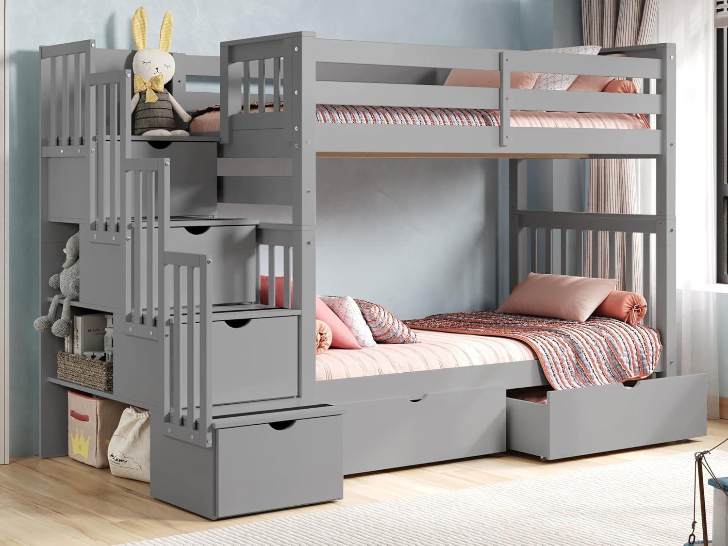 Bedz King Tall Stairway Bunk Beds Twin over Twin with 4 Drawers in the Steps and 2 Under Bed Drawers, Gray
