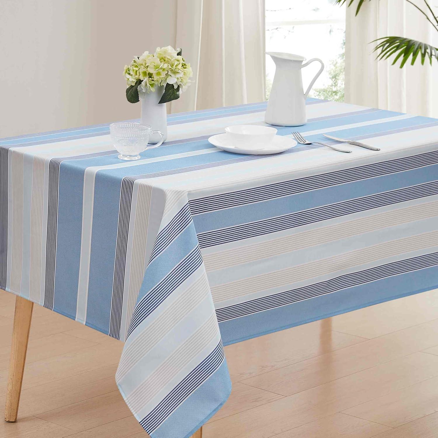 Blue and Pink Striped Water-Resistant Rectangular Tablecloth