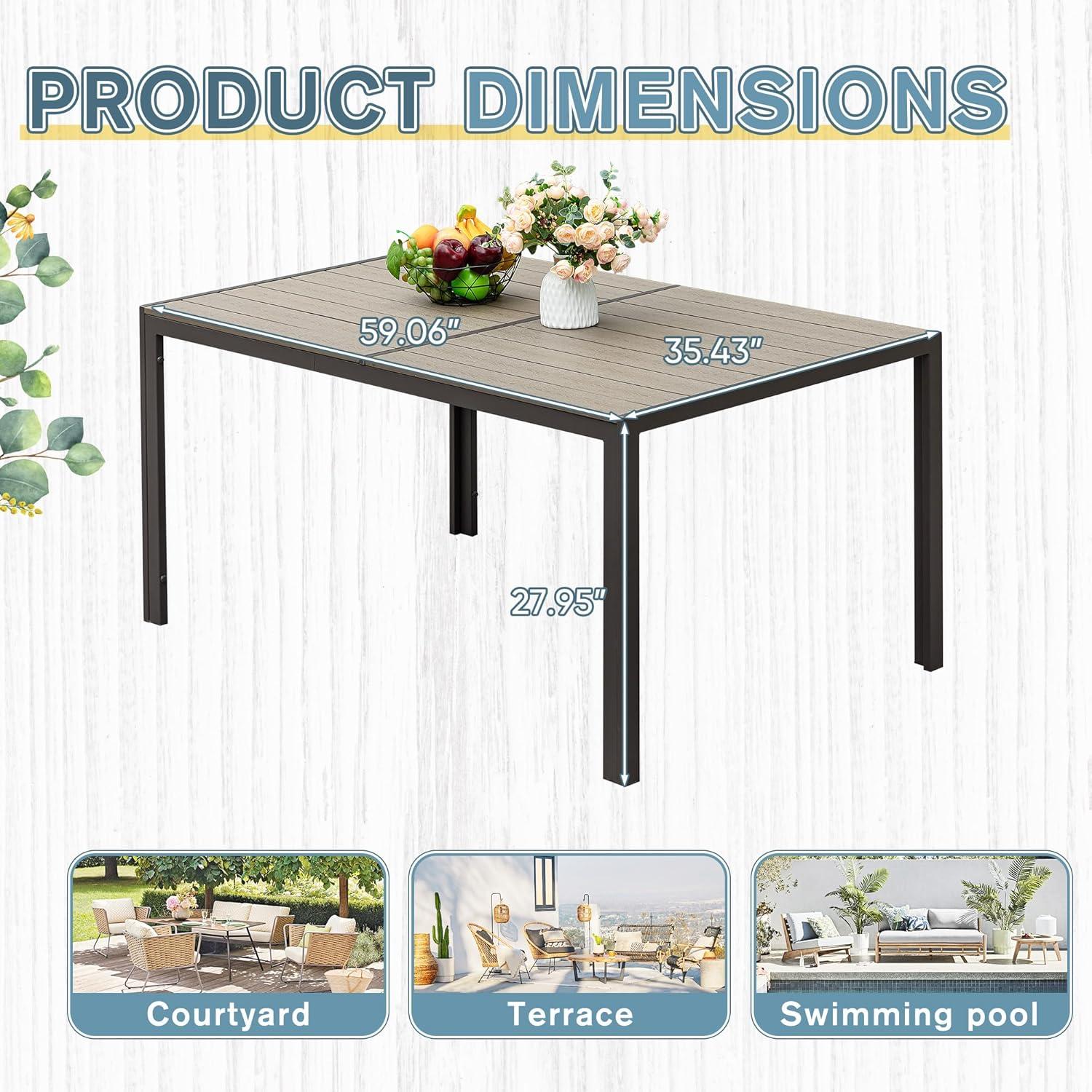 Rectangular Beige and Gray Outdoor Dining Table with Metal Frame