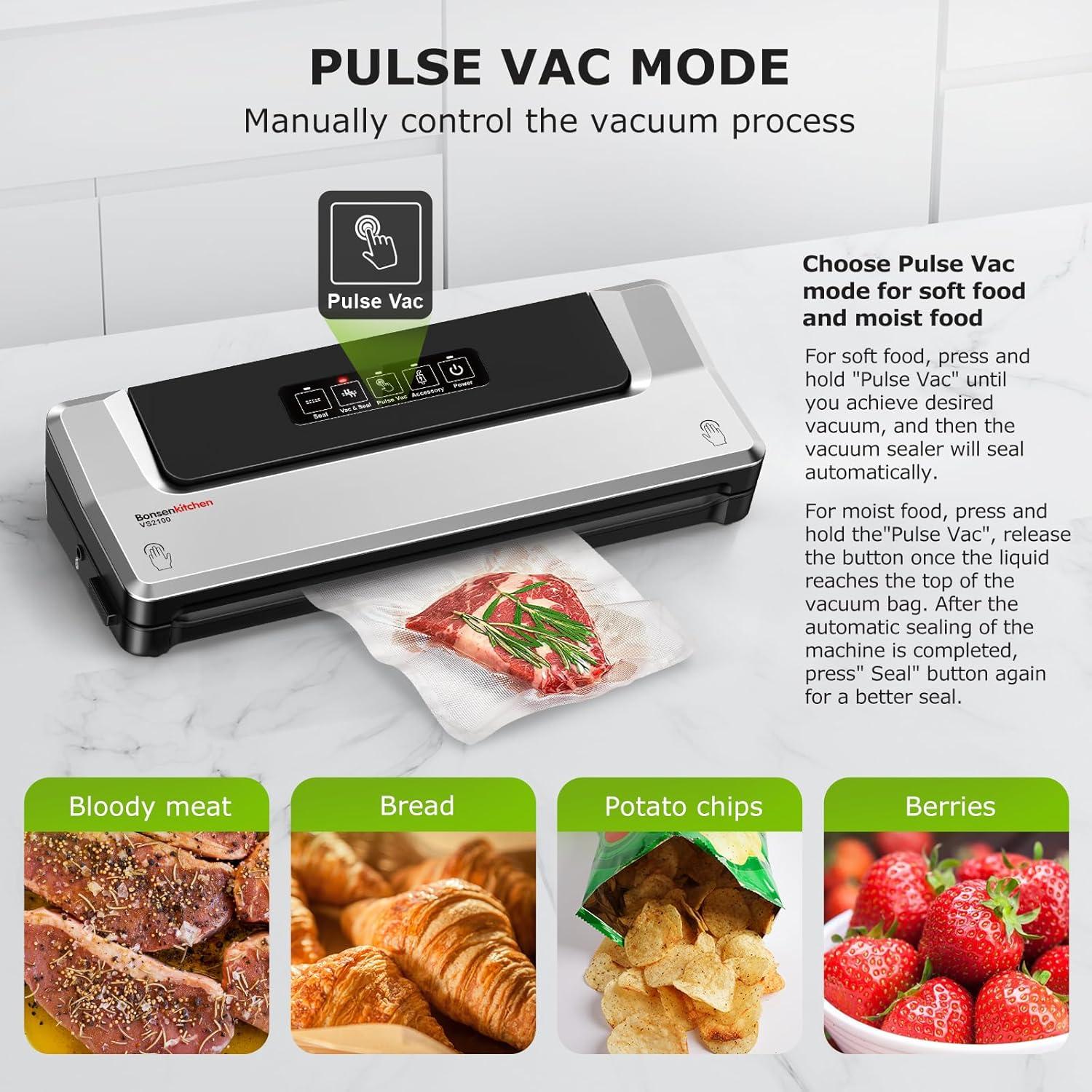 Bonsenkitchen Multi-Functional Food Vacuum Sealer with Globefish Technology for High-Speed Continuous Working, Vacuum Bags & Accessory Hose, Black