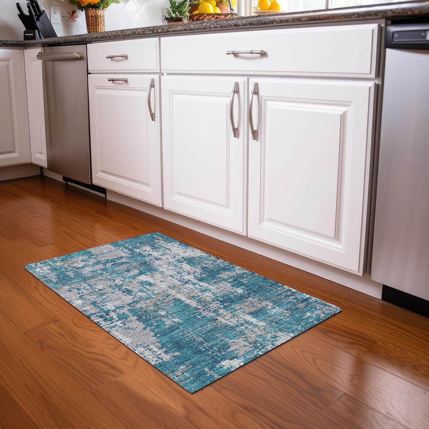 Teal Abstract Flat Woven Washable Indoor Outdoor Rug