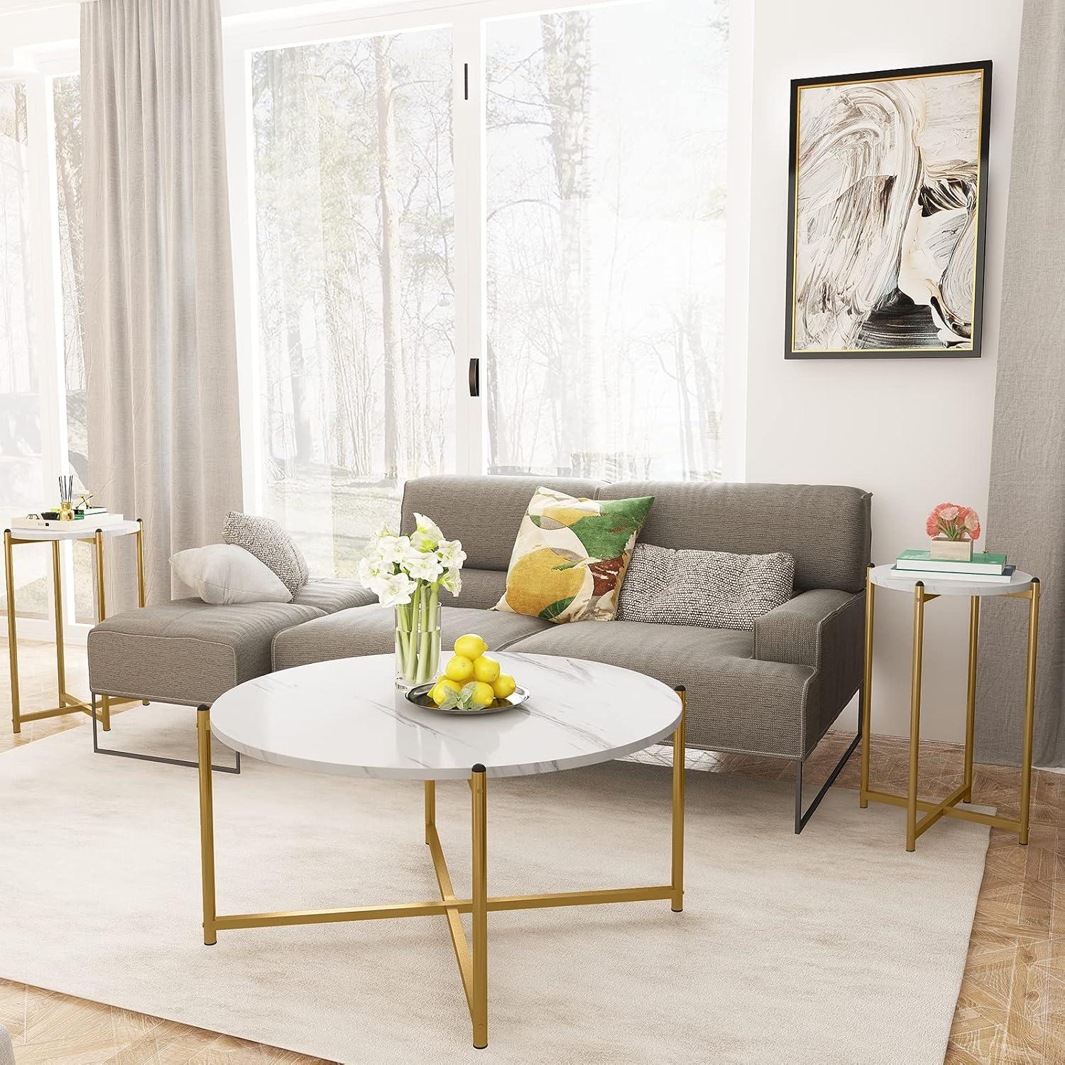 Modern White Faux Marble and Gold 3-Piece Coffee Table Set