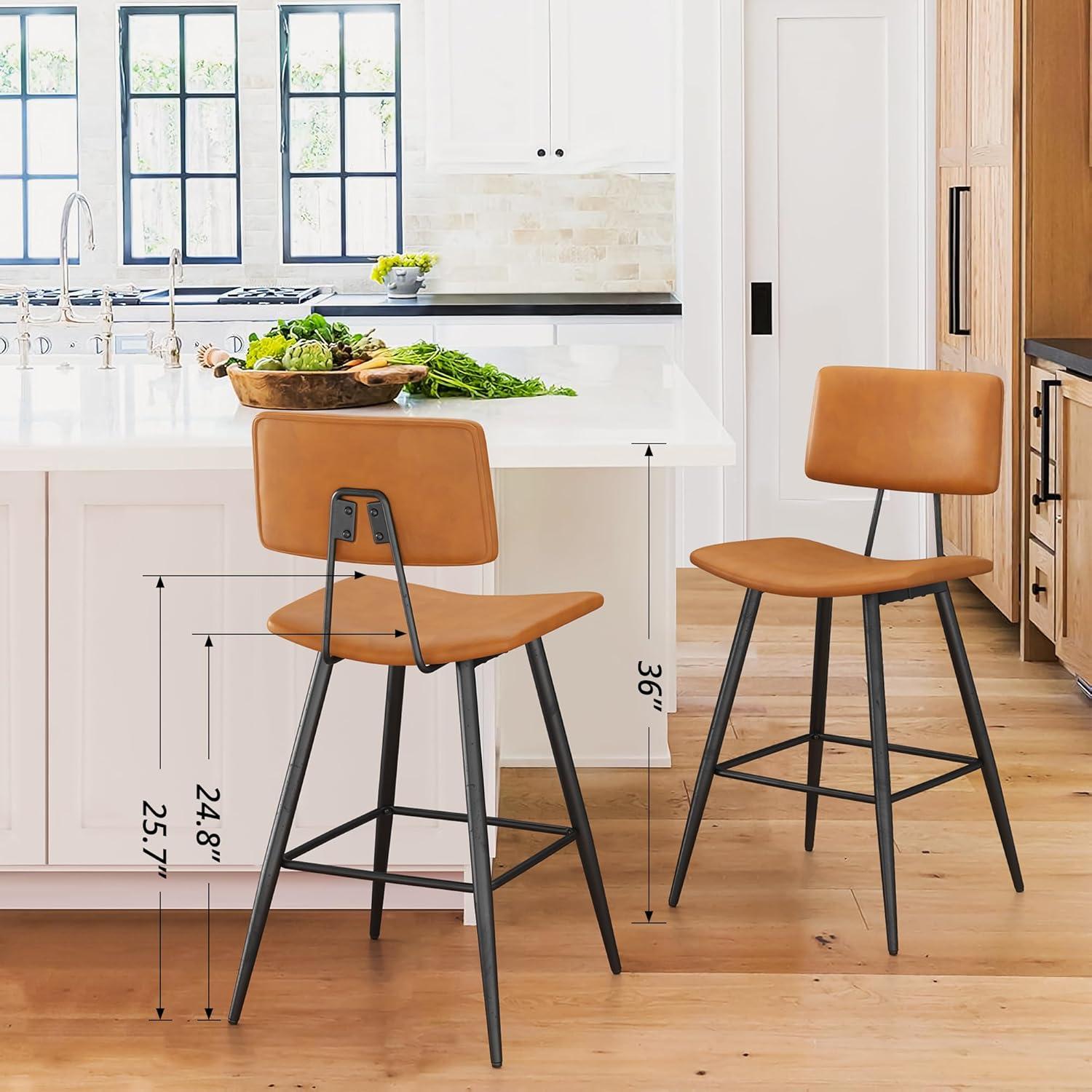 Dycanpo 24.5" Counter Height Bar Stools Set of 2, Faux Leather Upholstered Barstools, Brown