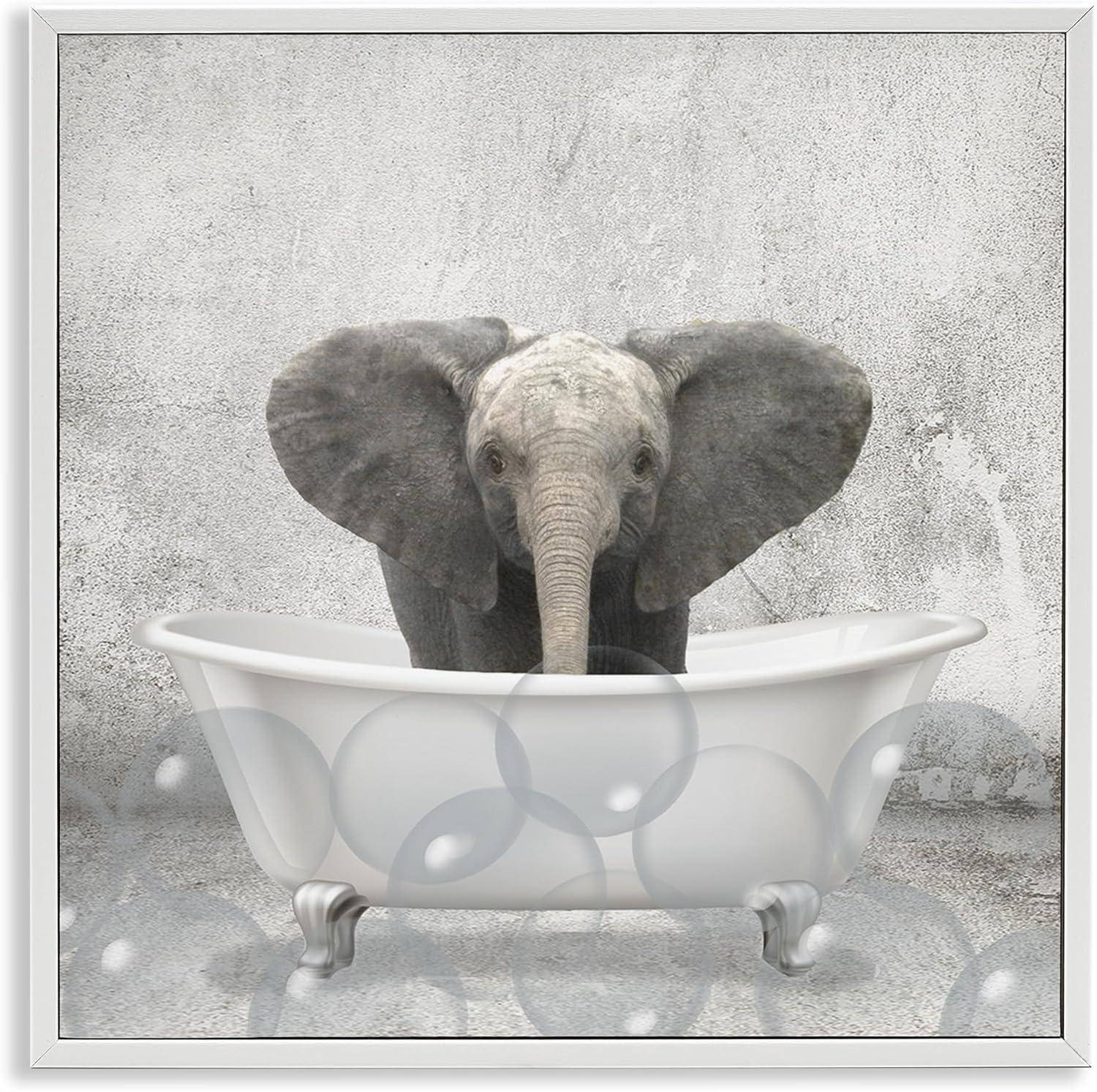 Baby Elephant Bath Time Cute Animal Design Animals & Insects Framed Art Print Wall Art, 17x17