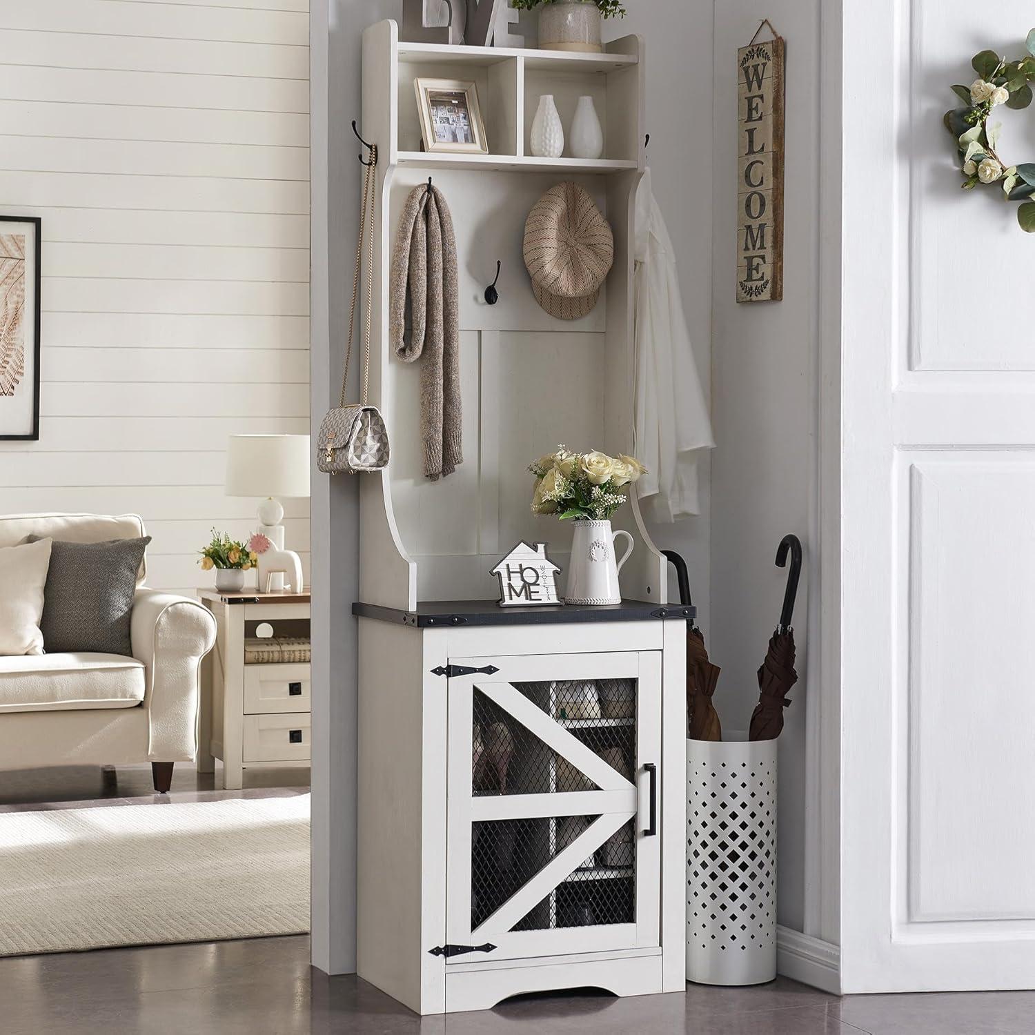 T4TREAM Farmhouse Entryway Hall Tree with Bench and Shoe Storage, Coat Rack with Coat Hooks, White