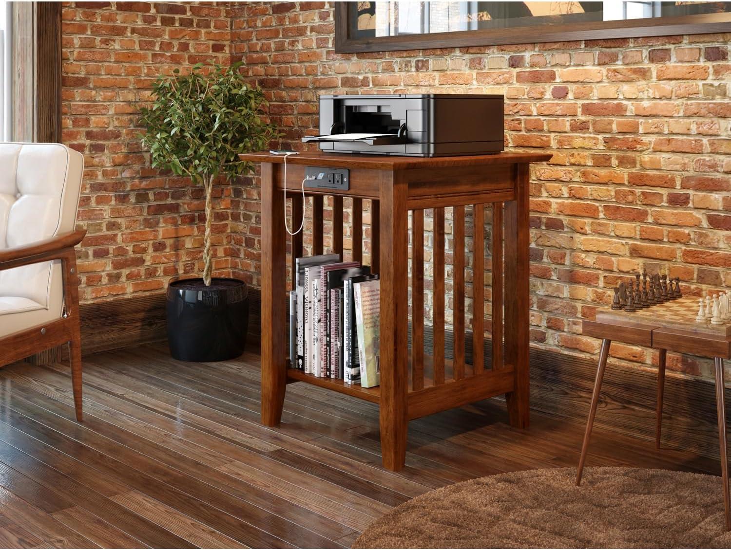 AFI Printer Stand Classic Mission USB Charger Walnut: Hardwood Office Cabinet with Fixed Shelf, 150lb Capacity