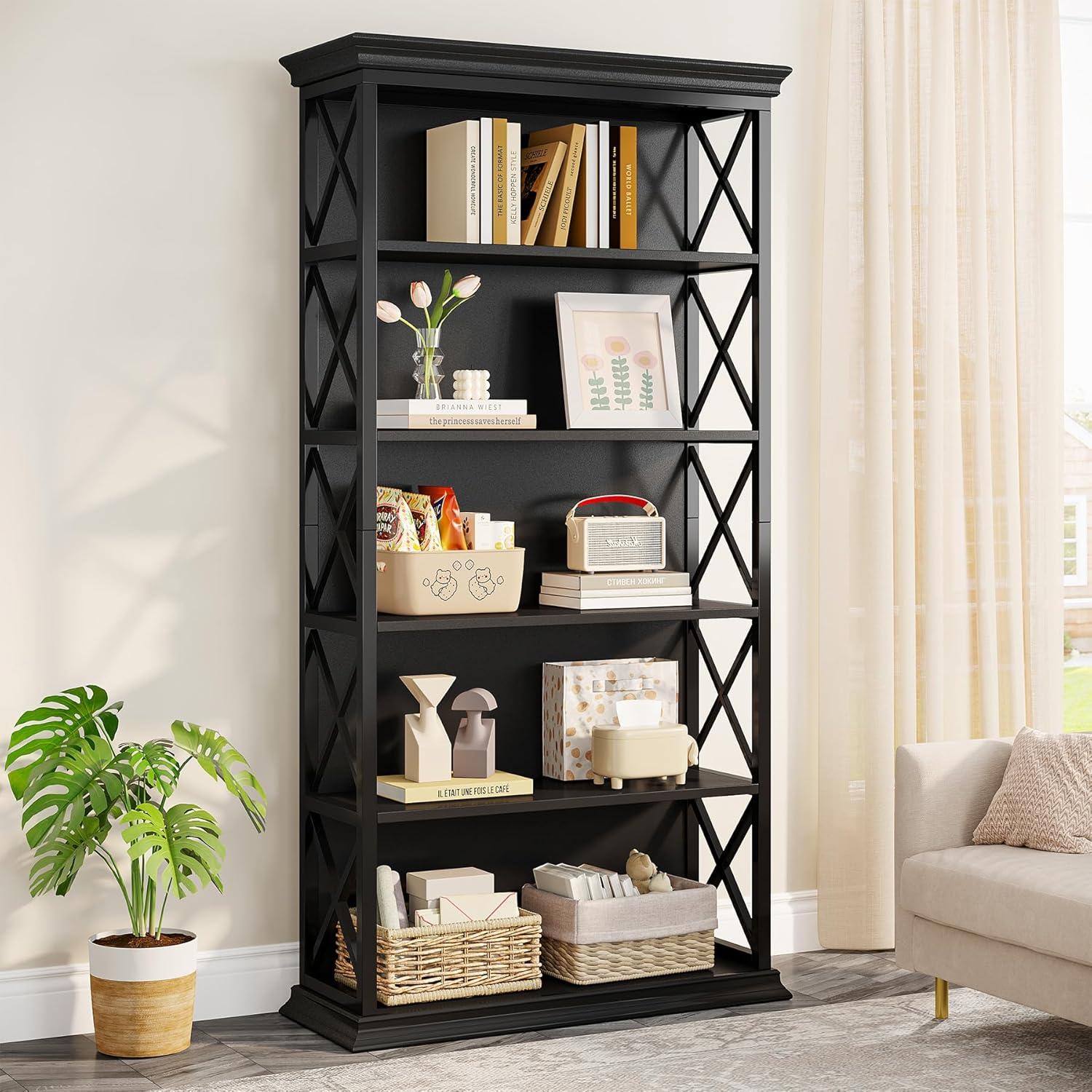 Tribesigns 71" Black 6-Tier Industrial Bookshelf with X Accents