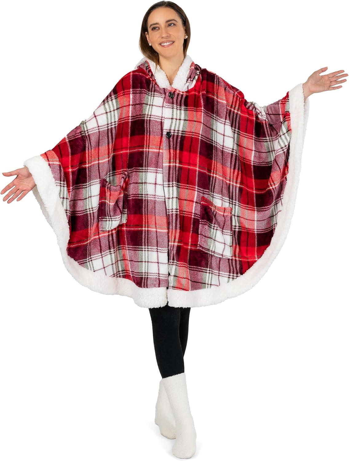 PAVILIA Angel Wrap Hooded Blanket for Women Adult, Wearable Cozy Wrap Throw Fleece Shawl Cape, Tartan Plaid/Faux Shearling