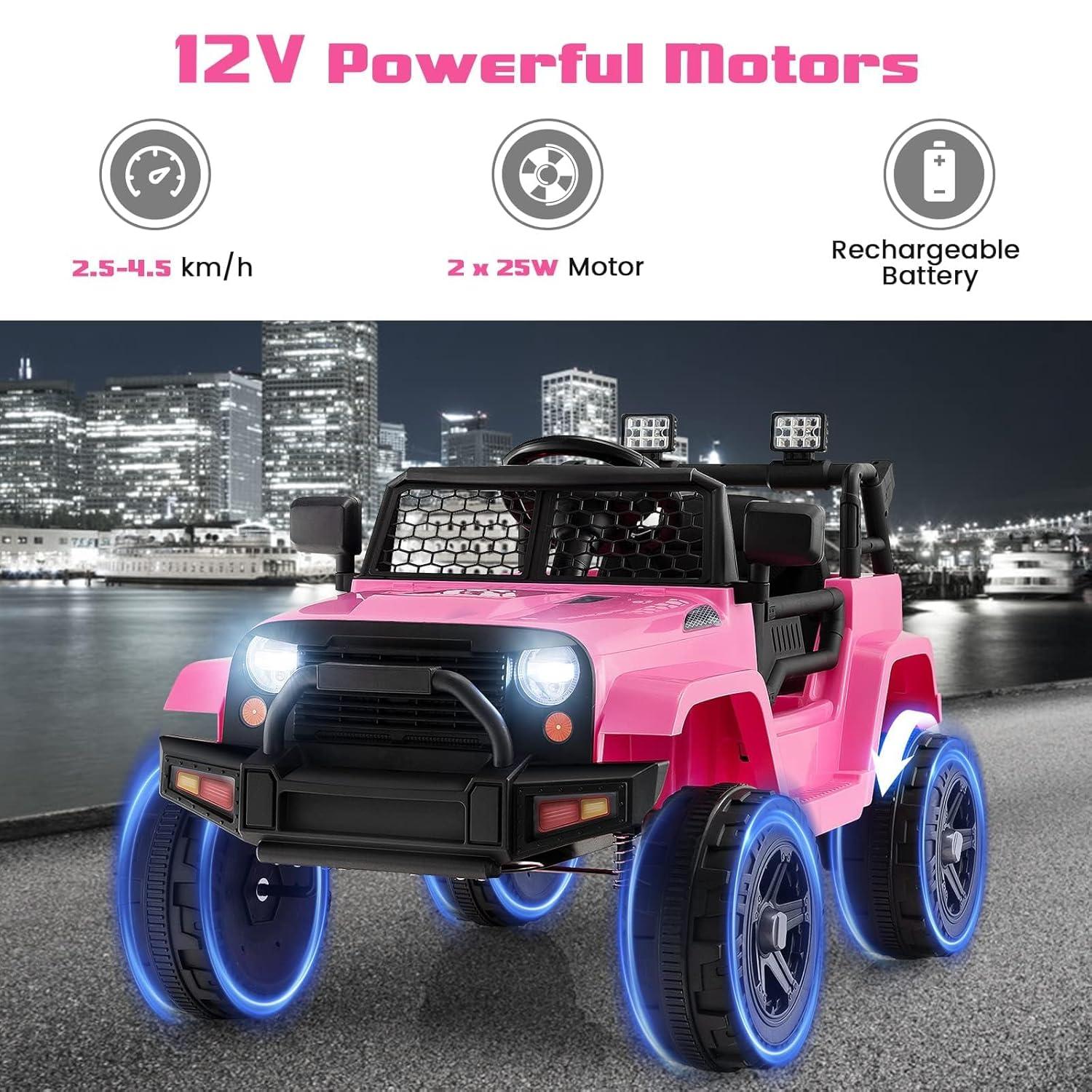 NEILA 12V Kids Ride On Jeep Car Truck Vehicles for Kids Electric Toys Cars with Remote Control Spring Suspension, LED Lights, Bluetooth, 2 Speeds （Pink）