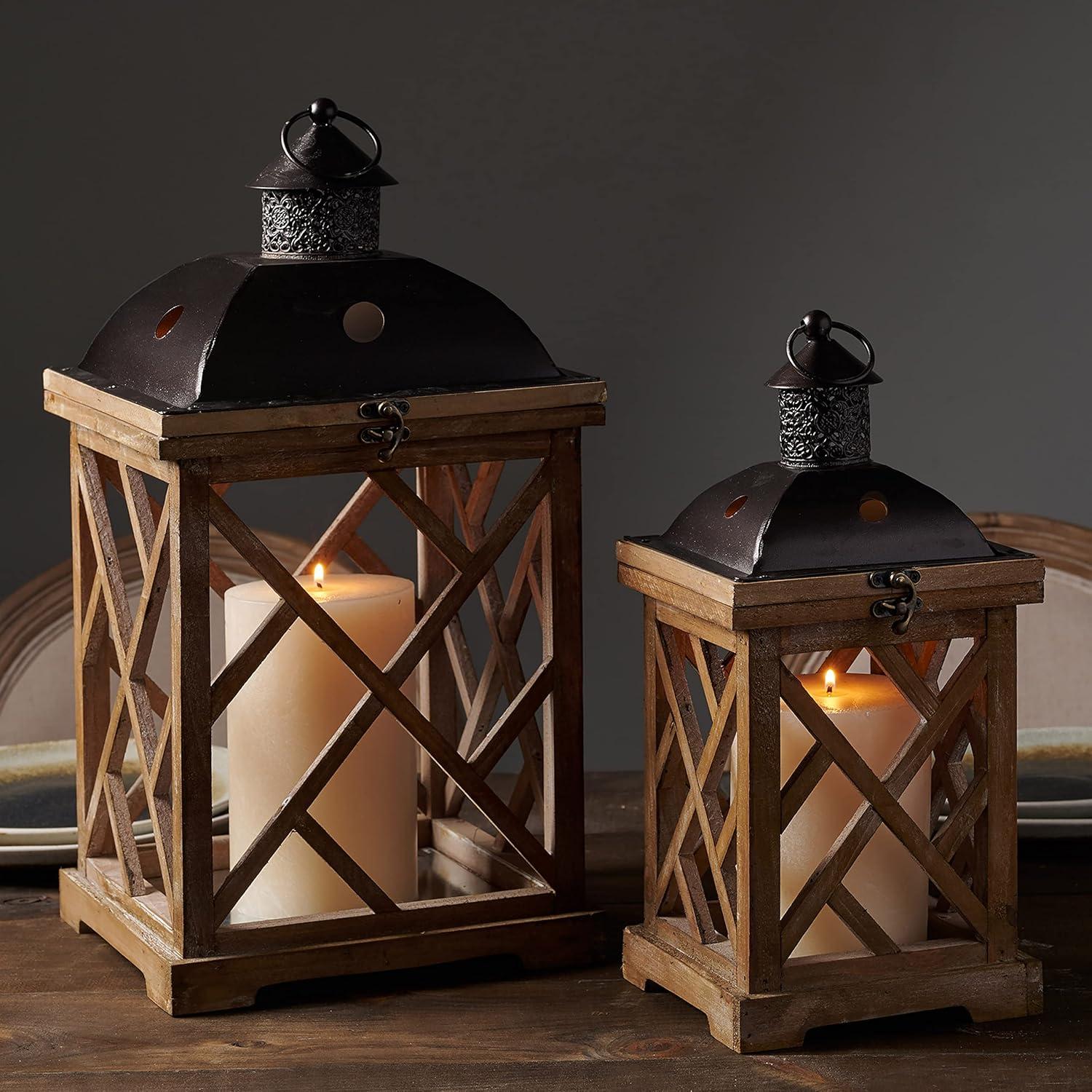 Stonebriar Collection Set of 2 Wooden and Metal Hurricane Candles Lantern Brown : Indoor/Outdoor, Pillar Compatible