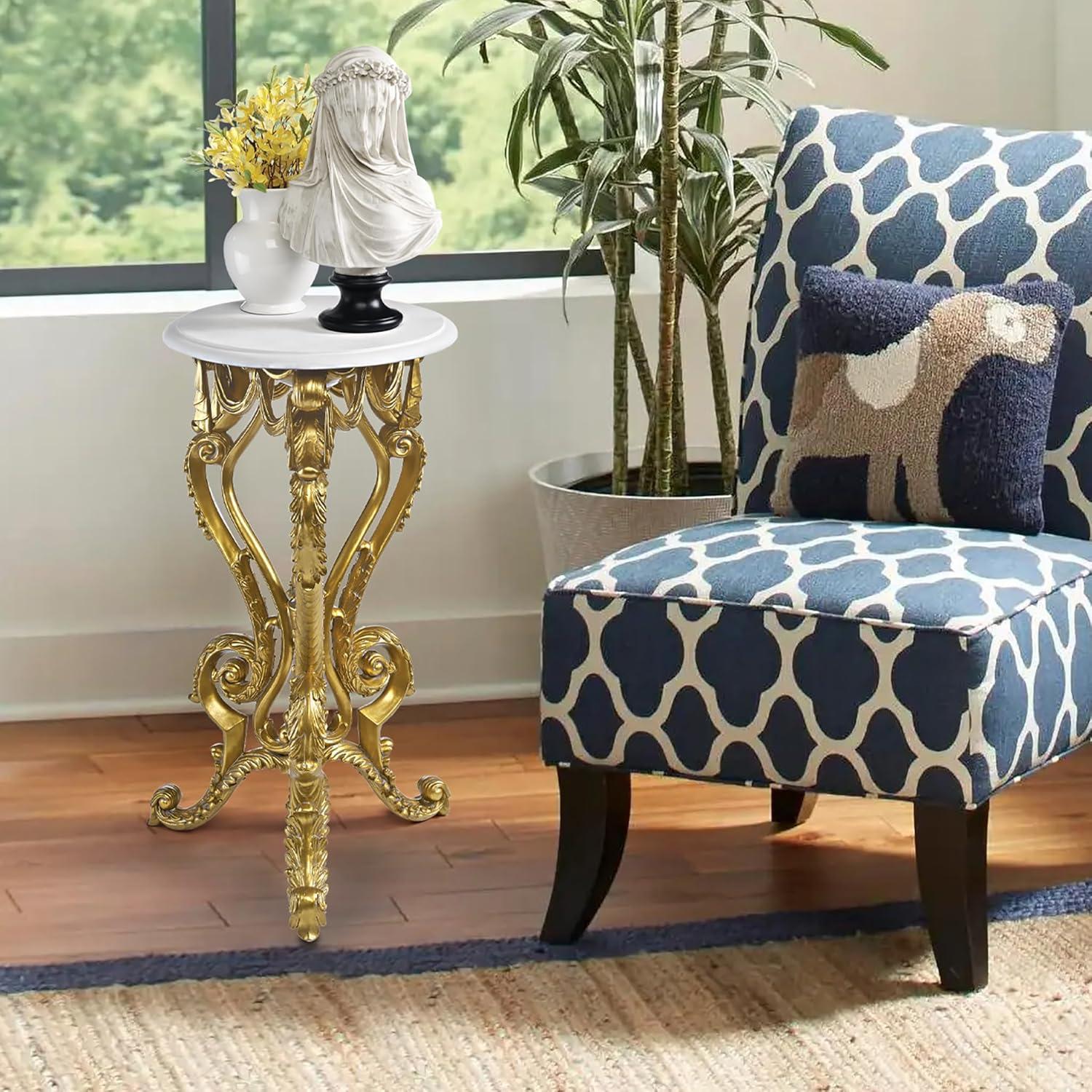 Gold Gilded Round White Faux Marble Top Accent Table