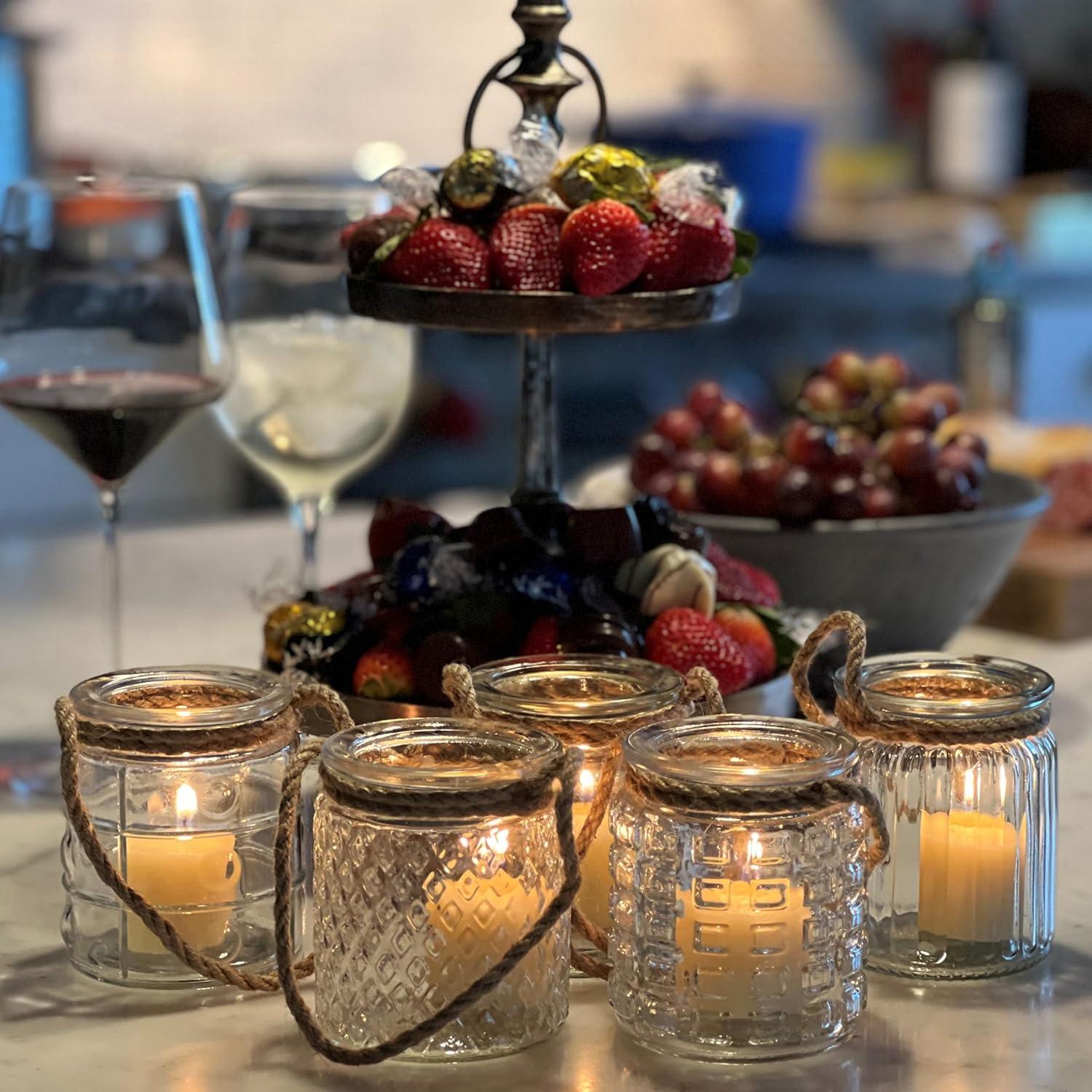 Beach Chic Nautical Rope Hurricane Lamps, Clear Glass Candle Holder, for LED or Wax Votive, Pillar or Tealights, Wind Light, Set of 5, 2 3/4 x 2 3/4 x 3 1/2 Inches