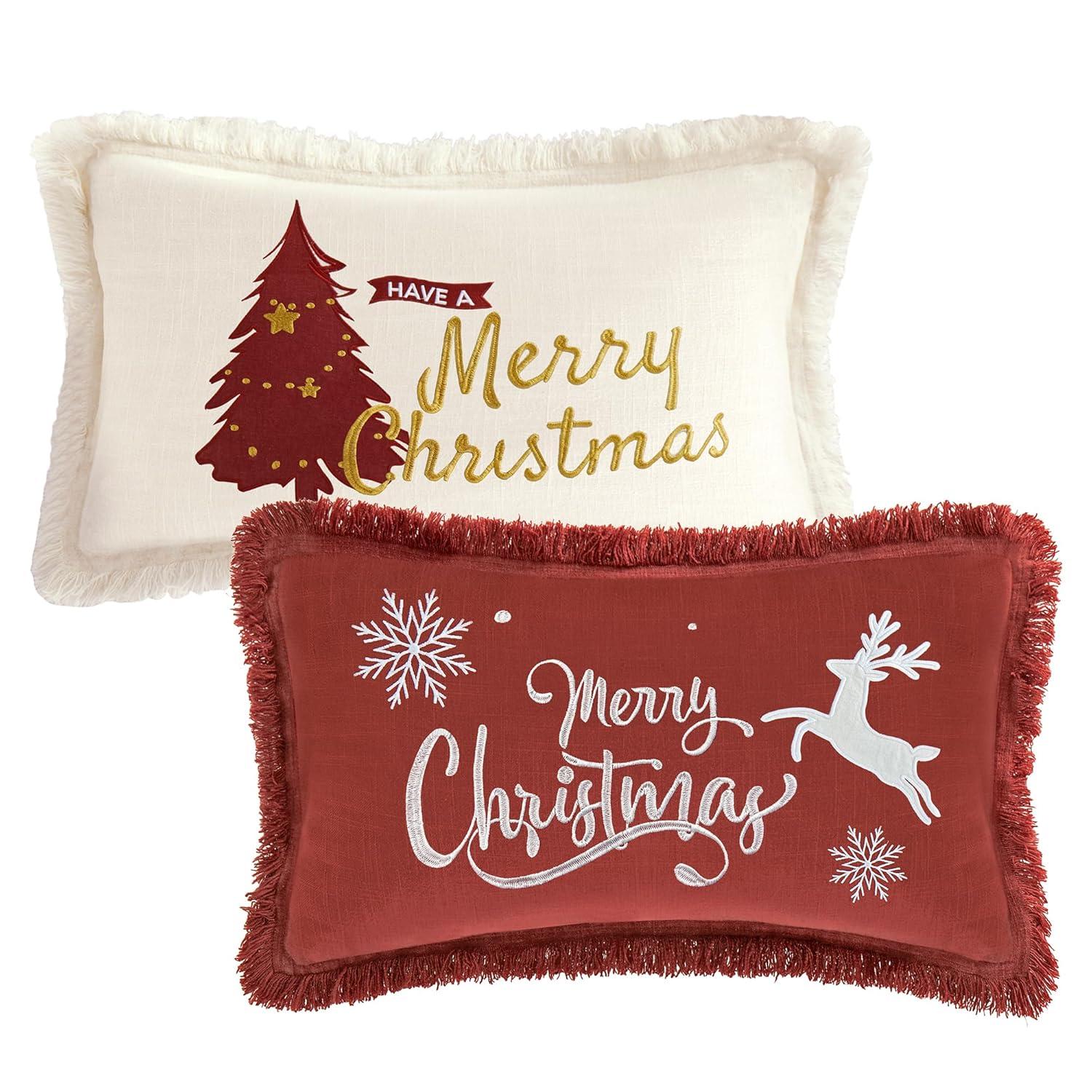 Christmas Pillow Covers 12X20 Set Of 2 - Xmas Decorative Farmhouse Linen Throw Pillow Cases Holiday Sofa Couch Cushion Covers Merry Christmas