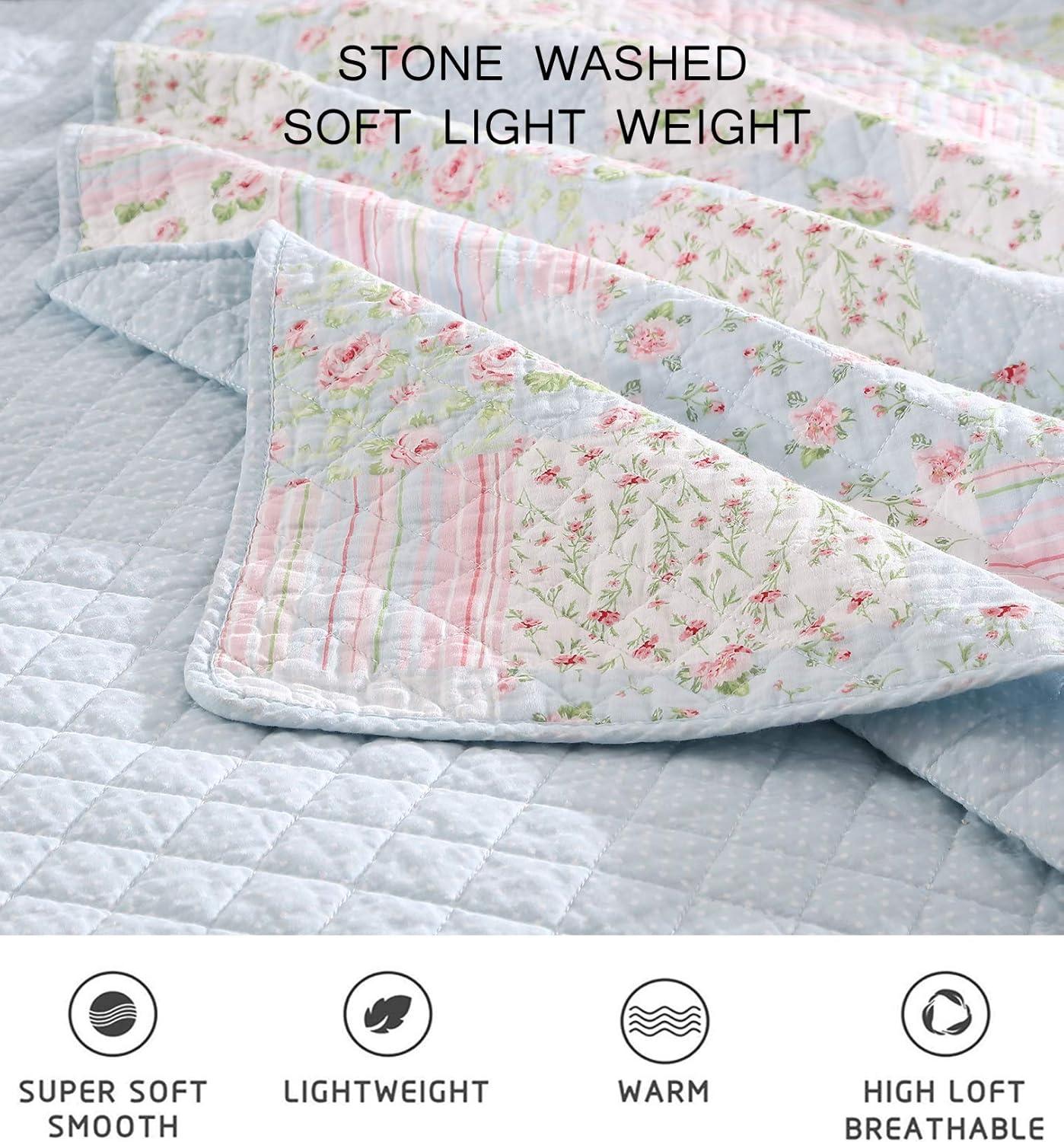 Chezmoi Collection Holly 3-Piece Stone-washed Cotton Quilt Set King Size - Printed Floral Patchwork Soft Breathable Lightweight Bedspread Set