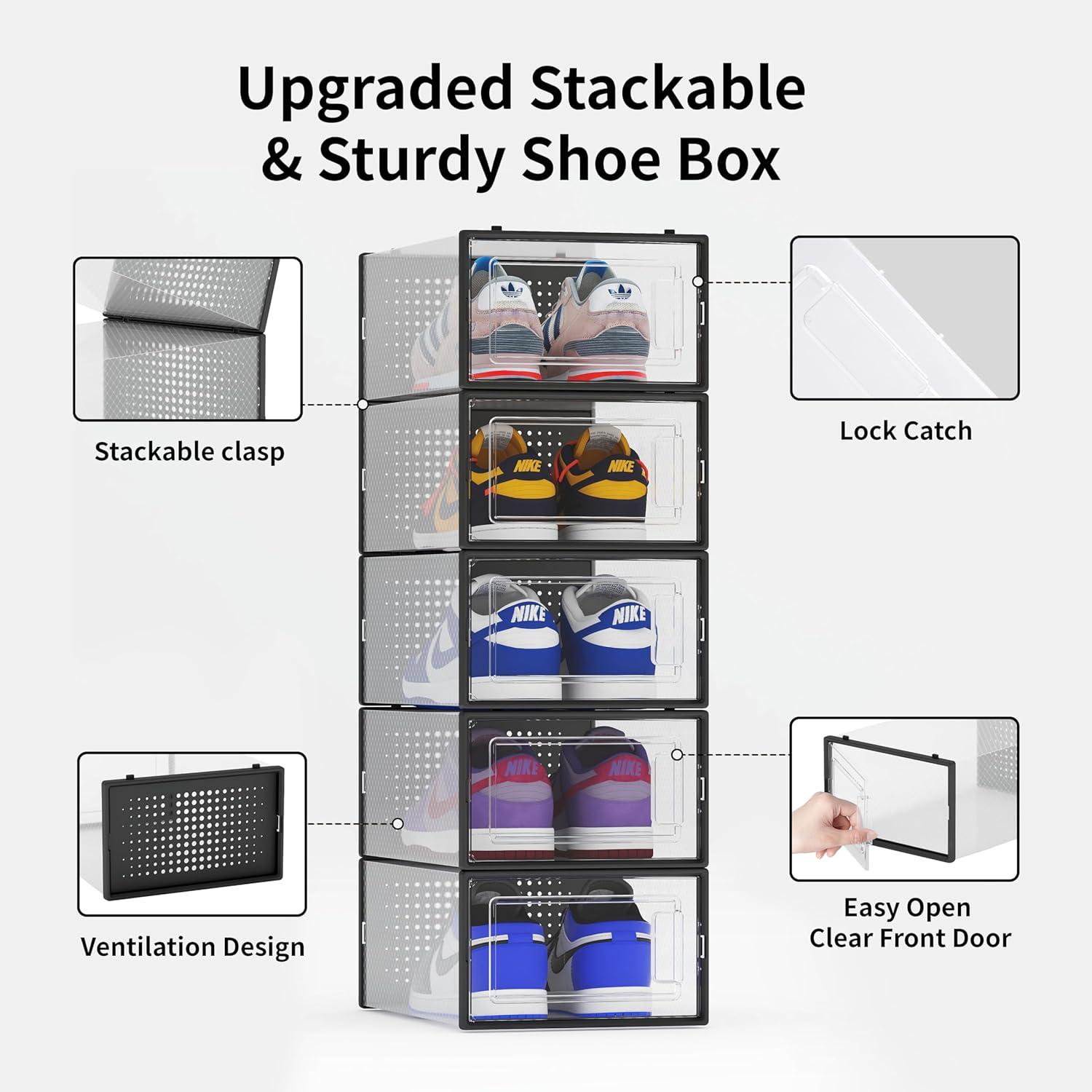 12 Pack Shoe Storage Bins, Clear Plastic Stackable Shoe Organizer for Closet, Space Saving Foldable Shoe Rack, Shoe Box Sneaker Holder Container, Black Frame