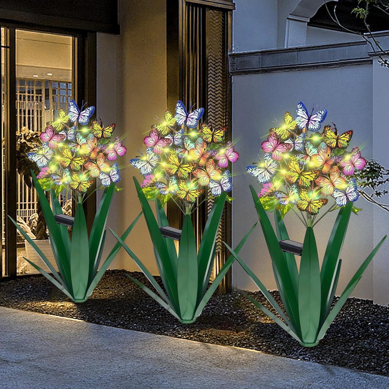 Green Solar Metal Agave Butterfly Garden Sculpture Set