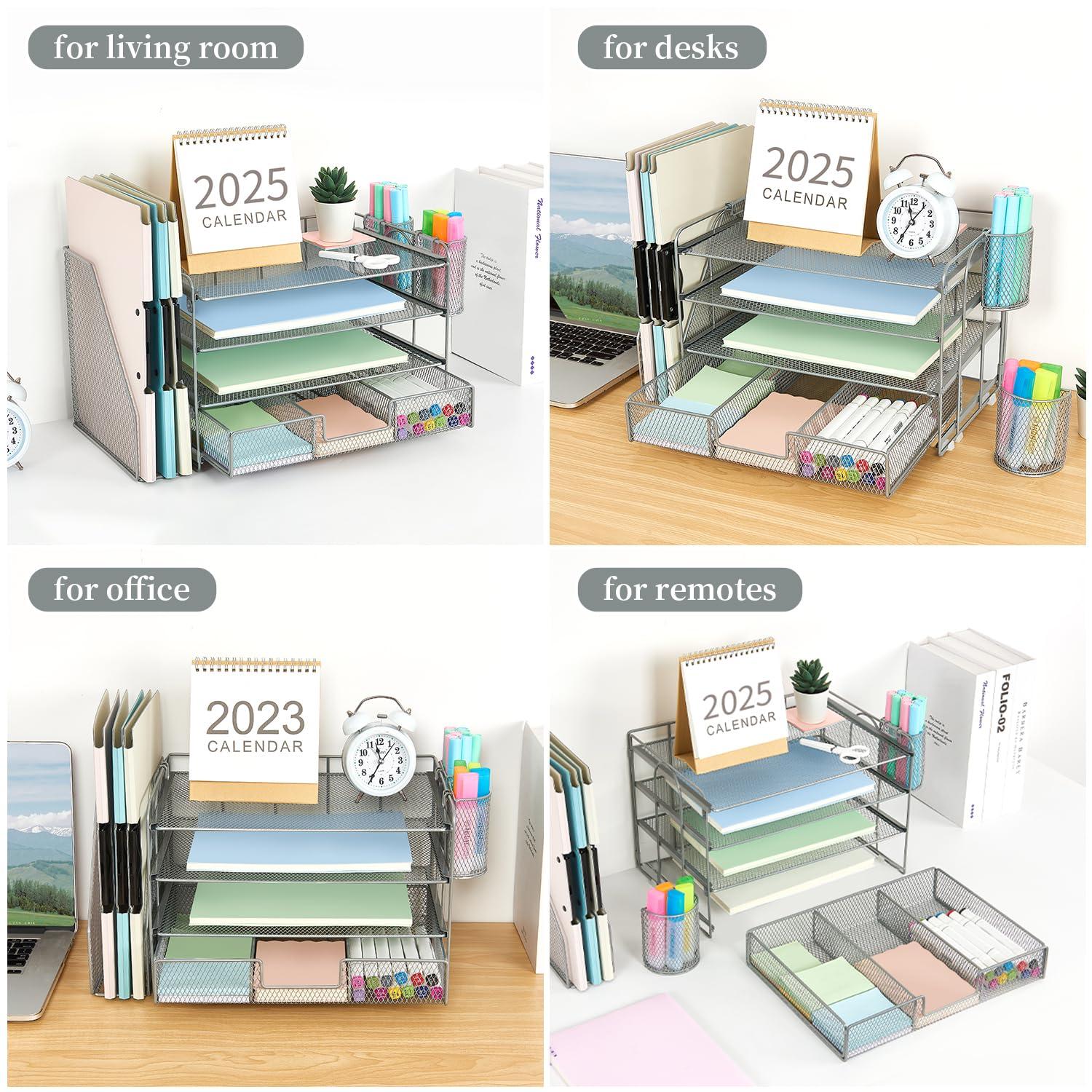 gianotter Desk Organizers and Accessories with File Holder, 4-Tier Desk Accessories & Workspace Organizers with Drawer and 2 Pen Holder, Paper Organizer for Office Supplies (Grey)