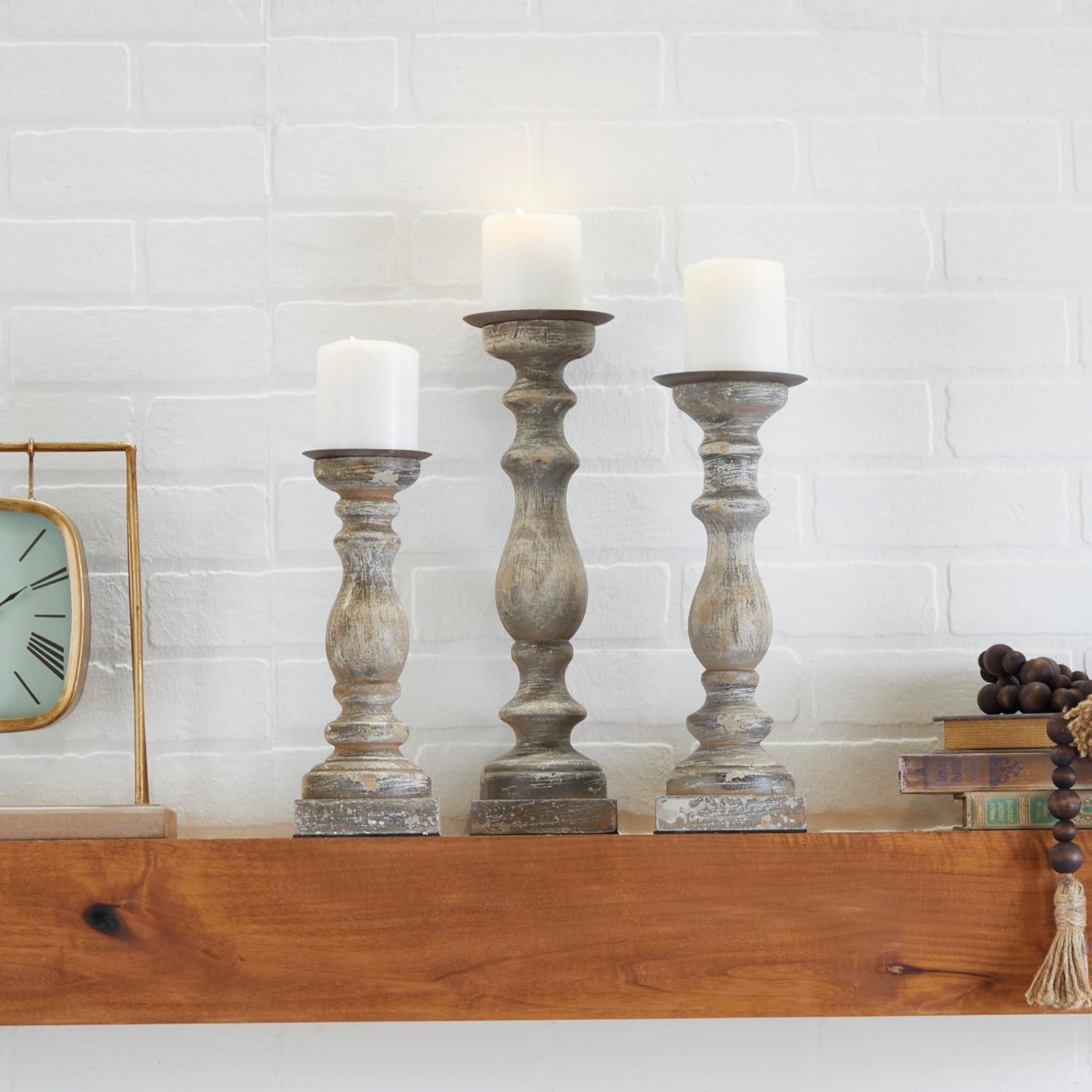 Elegant Rustic Brown Wooden Candlestick Trio, 15" Height