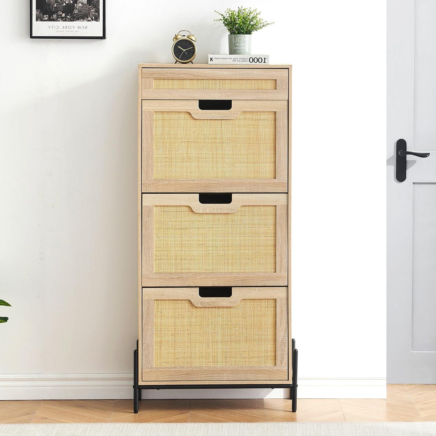 3 Flip Drawers Shoe Storage Cabinet with 1 Drawer, Rattan Shoe Organizer with Metal Legs, Freestanding Narrow Shoe Rack Cabinet for Entryway, Oak