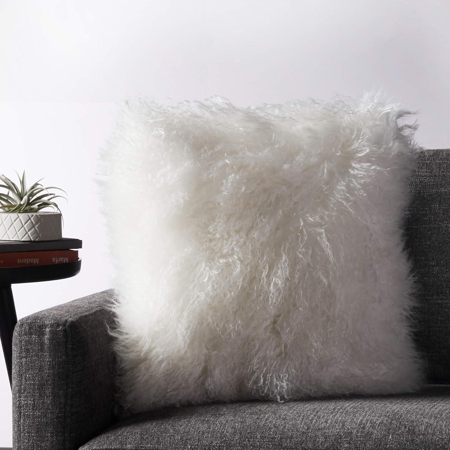 SARO 3564.I16S 16 in. Square Wool Mongolian Lamb Fur Throw Pillow  Ivory