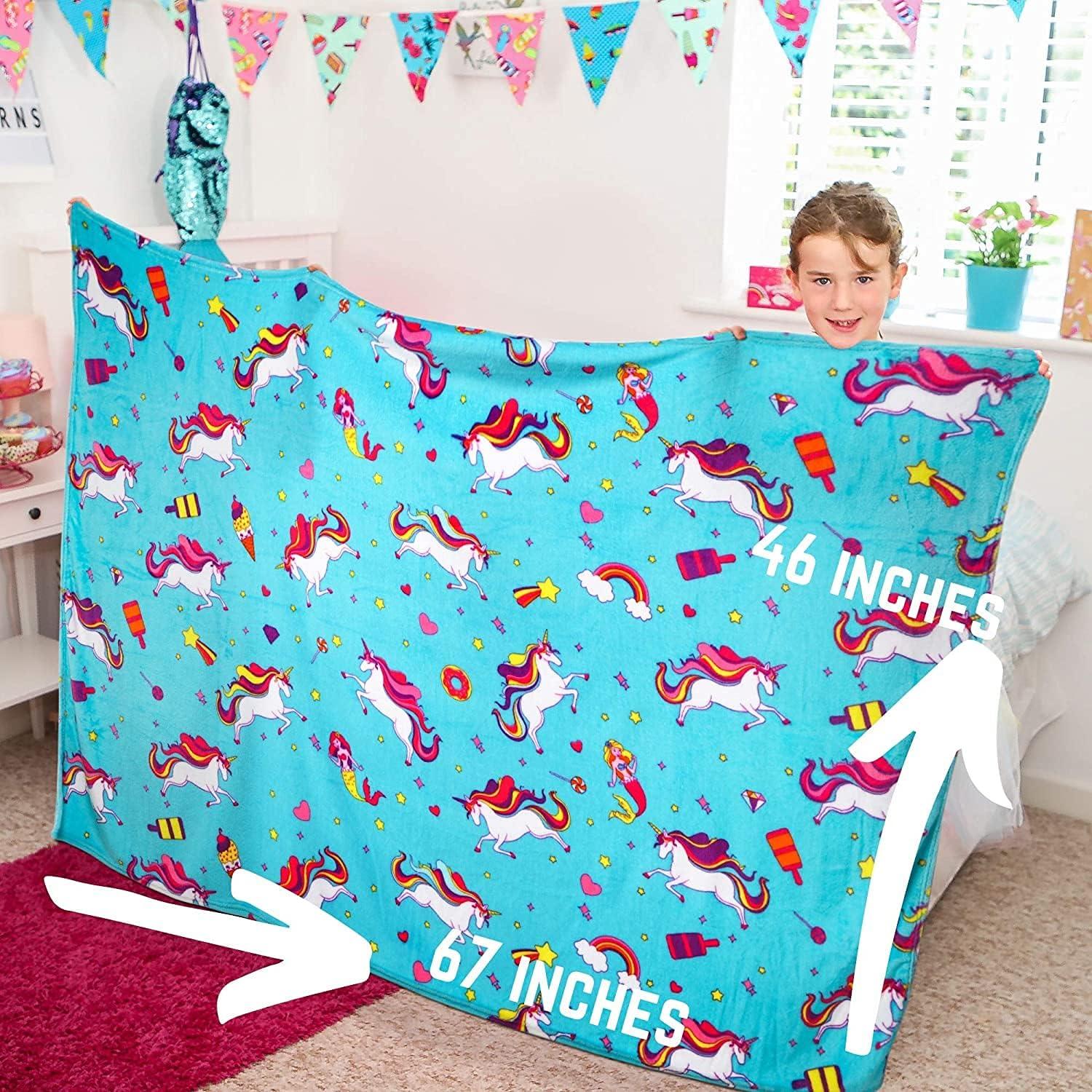 Large Blue Unicorn and Mermaid Fleece Blanket for Girls