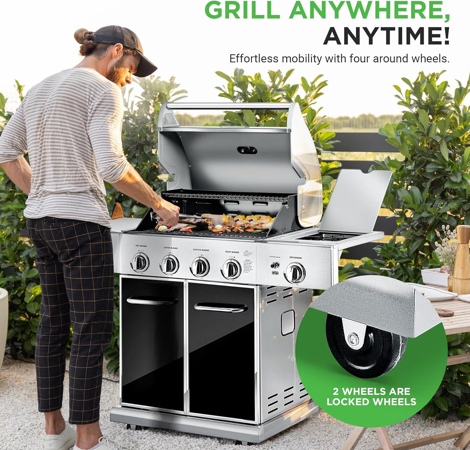 NutriChef Stainless Steel Heavy-Duty 5-Burner Propane Gas Grill, 52,000 BTU Grilling Capacity