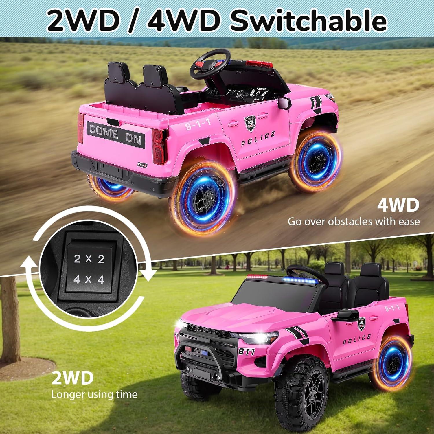 24V 2-Seater Ride On Car Police Pickup with Remote Control, 2WD/4WD 800W Motors, 3 Speeds, Electric Truck Car Toys For Kids With Police Siren, Alarm Lights, MP3, 2 Safety Belts