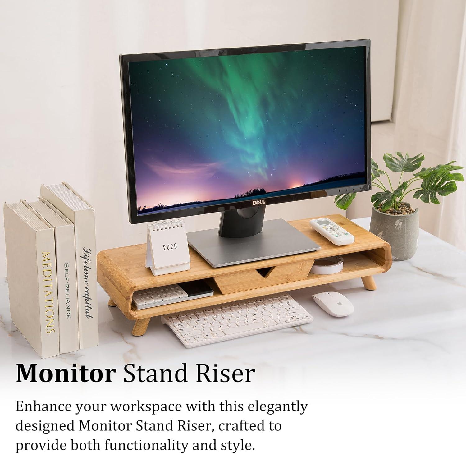 Bamboo Ergonomic Monitor Stand Riser with Drawer