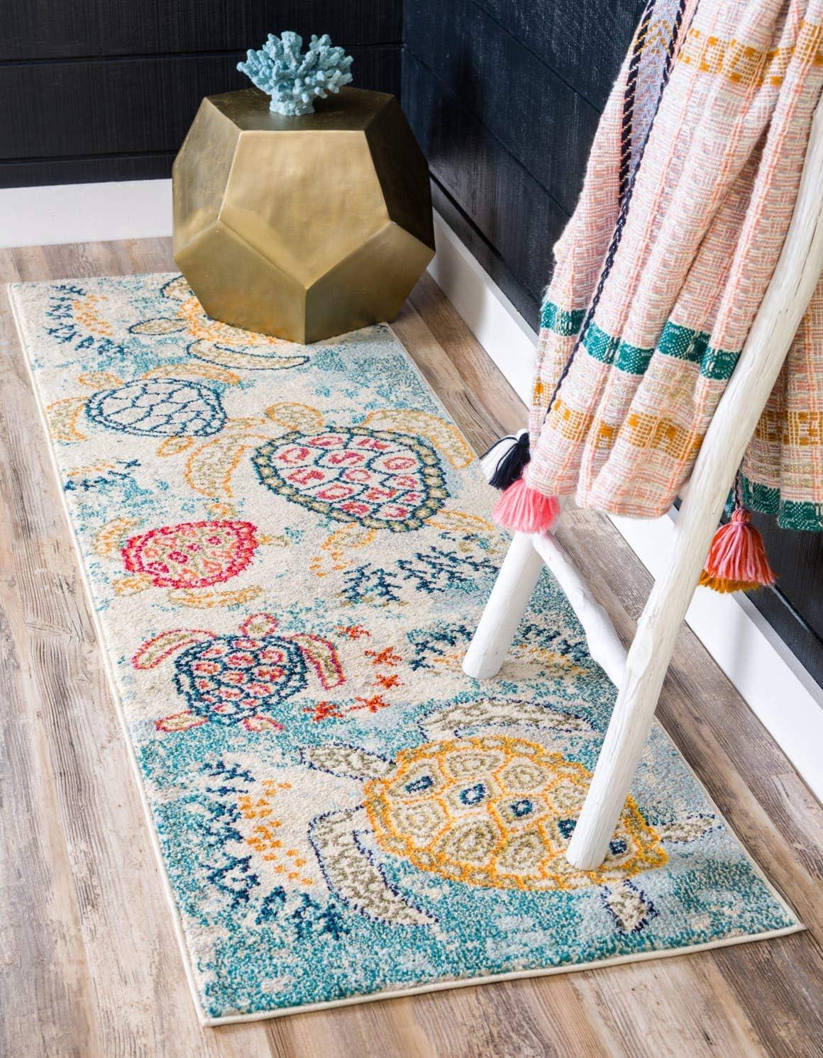 Positano Beige and Blue Synthetic Runner Rug