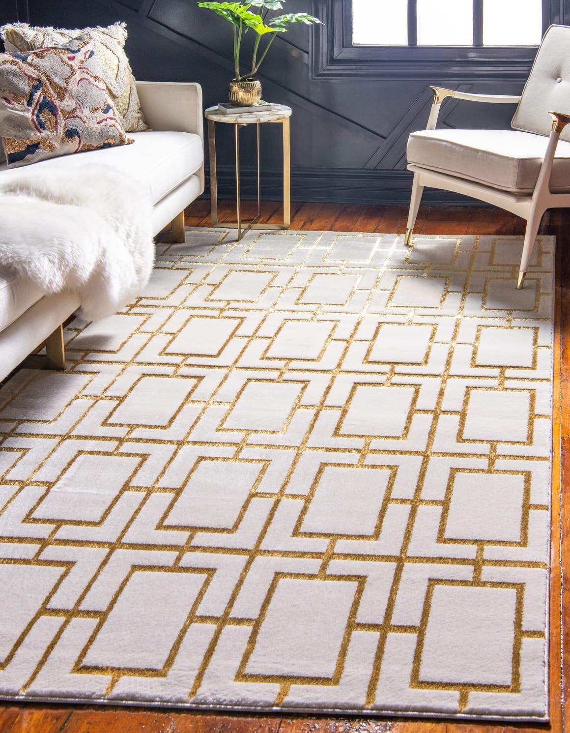 Rectangular White and Gold Geometric Stain-Resistant Area Rug