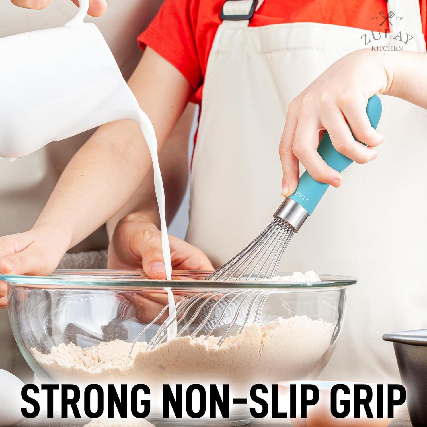 Zulay Kitchen Stainless Steel Balloon Whisk 12 Inch – Heavy Duty and Durable Wire Whisk with Non-Slip Silicone Handle for Blending, Whipping & Beating - Light Blue