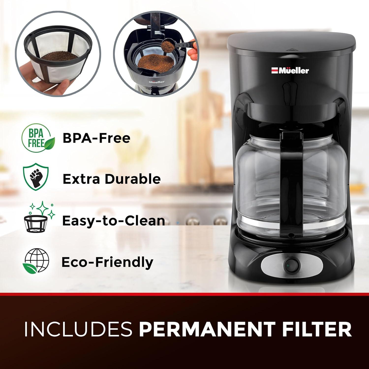 Mueller 12-Cup Drip Coffee Maker - Borosilicate Carafe, Auto-Off, Reusable Filter, Anti-Drip, Keep-Warm Function, Clear Water Level Window Coffee Machine, Kitchen Essentials & Accessories