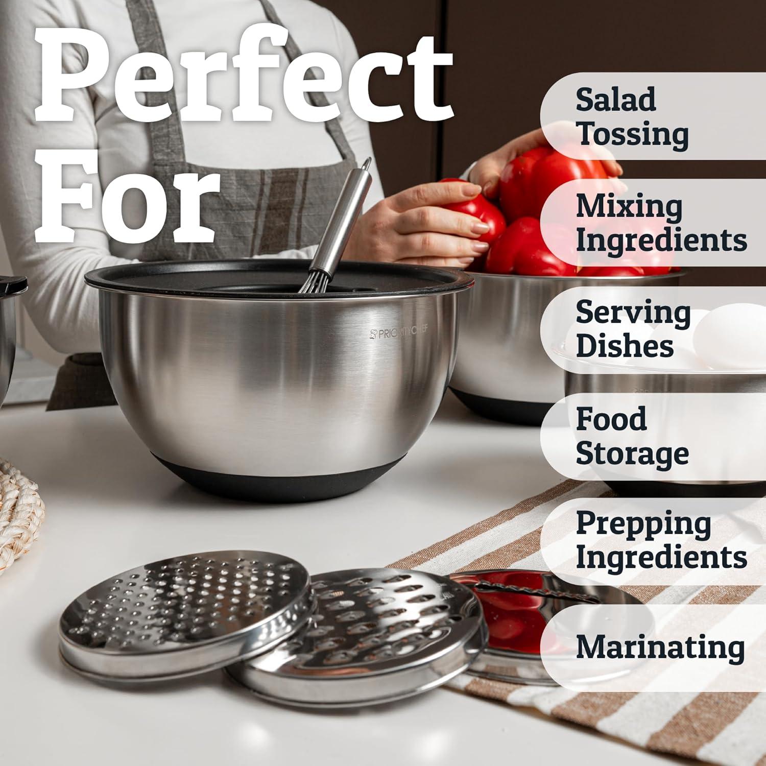 Mixing Bowls with Lids Set - Nesting Bowls with Airtight Lids + Graters - Stainless Steel Non-Slip Mixing Bowl for Baking, (Red, 5-Piece Set)