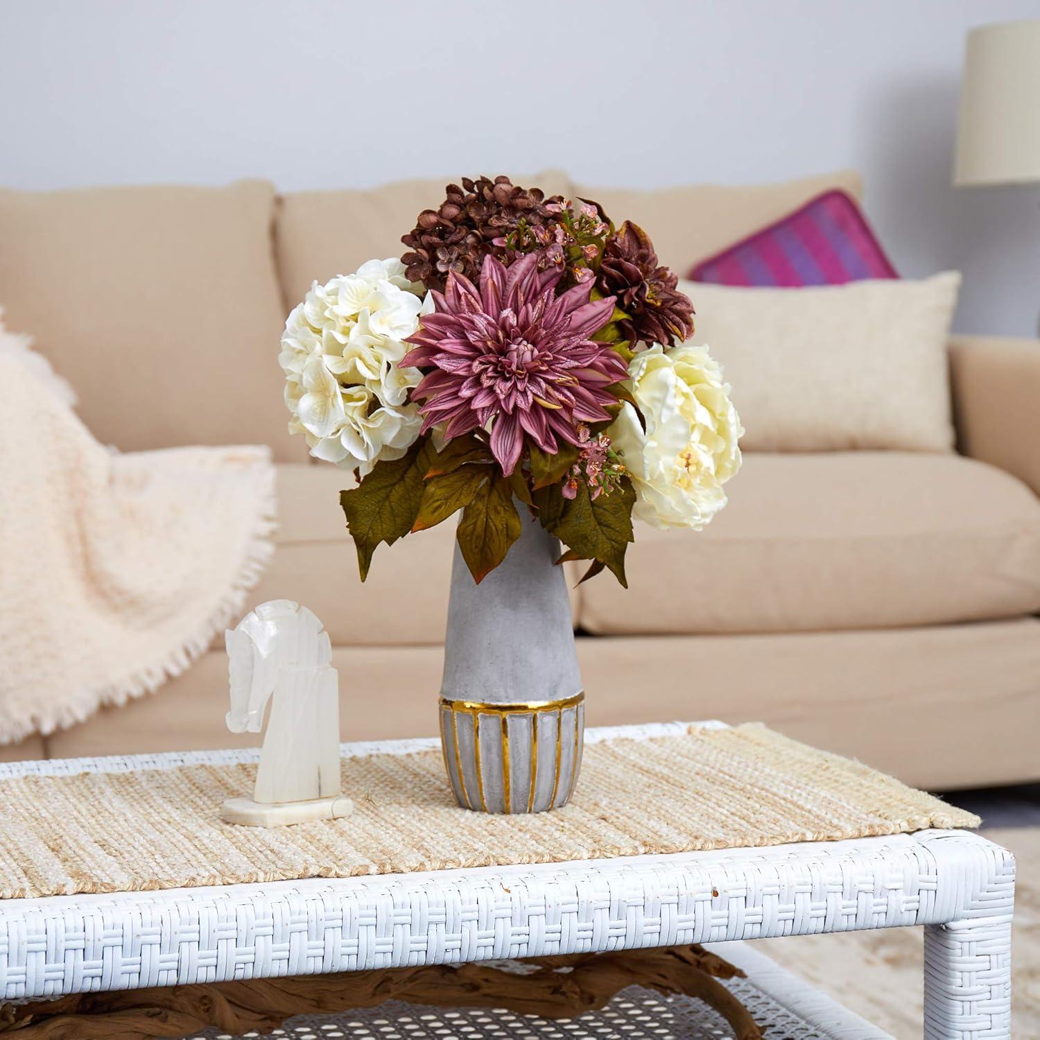 Nearly Natural Peony, Hydrangea and Dahlia Artificial Arrangement in Stoneware Vase