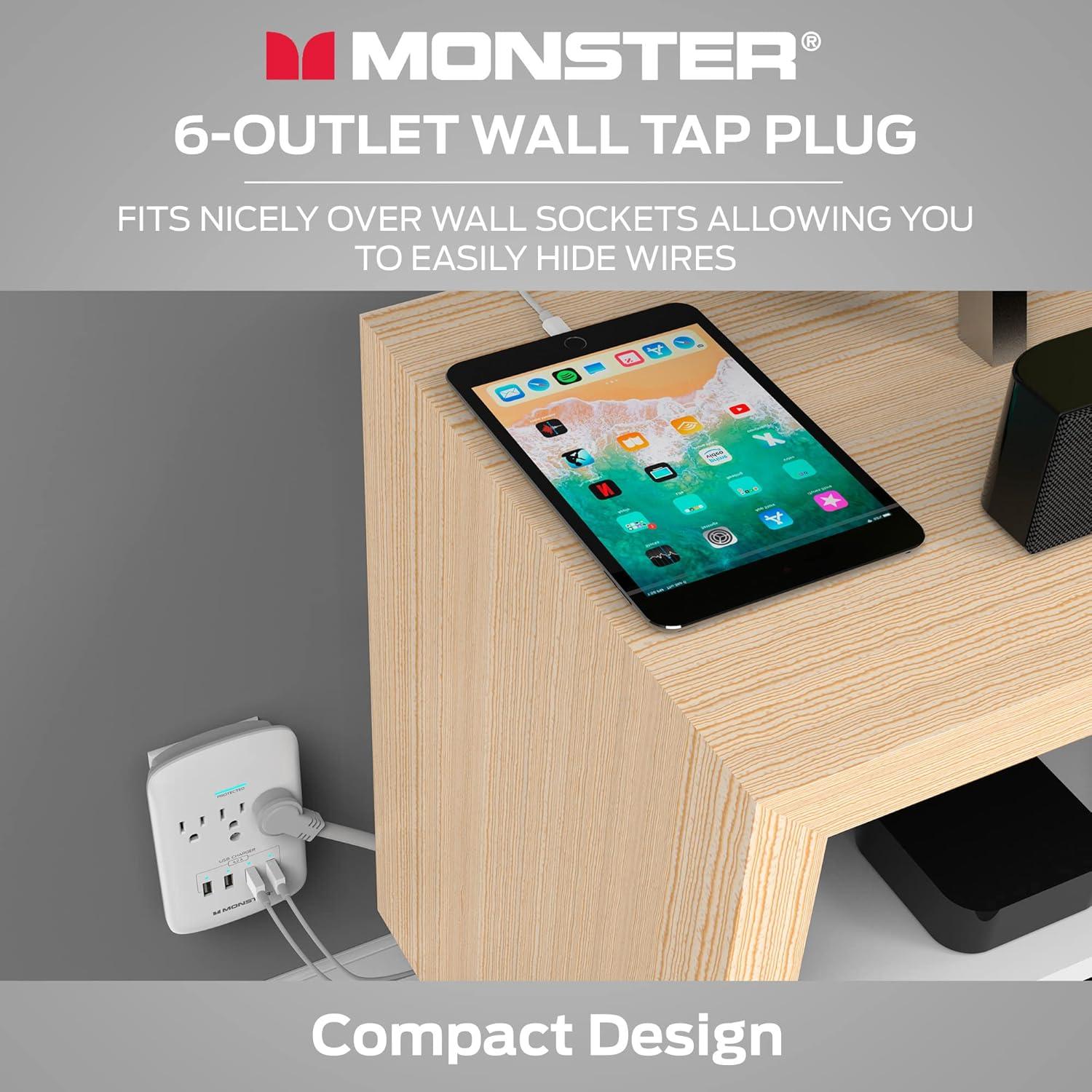 Monster Wall Tap Plug Outlet Extender with Outlet Surge Protector for Office and Smart Phone Devices