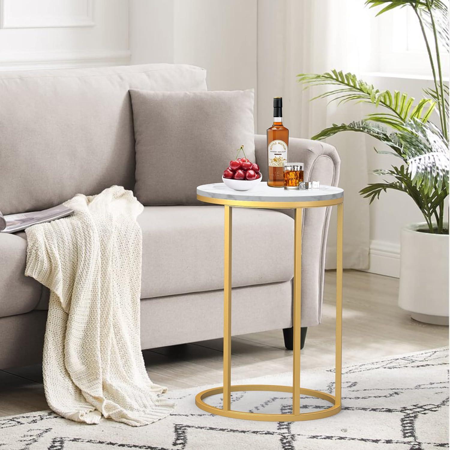 Modern 16 in Gold C-Top Faux Marble Side Table
