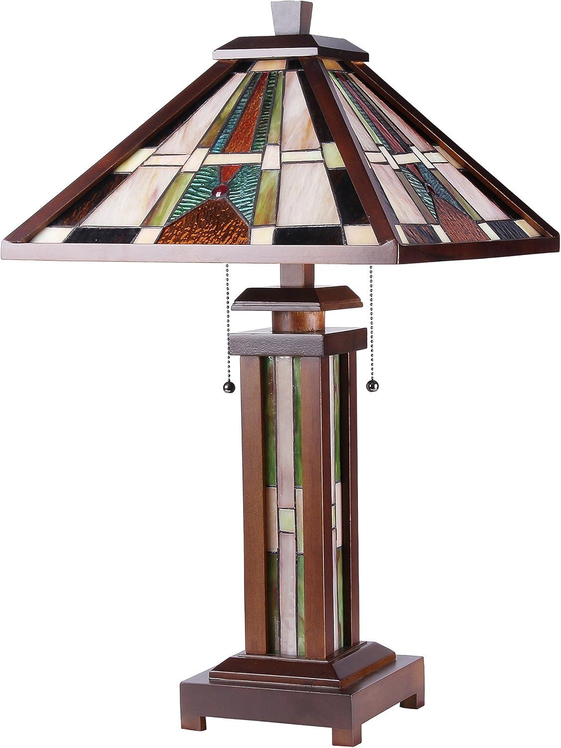 CHLOE Lighting PERCIVAL Tiffany-style Mission 3 Light Double Lit Wooden Table Lamp 15" Shade