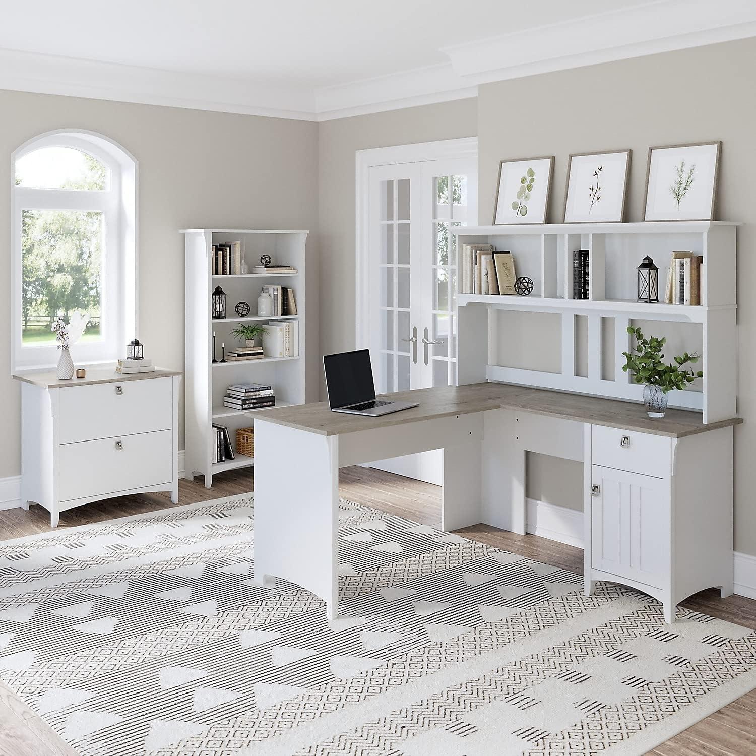 Bush Furniture Salinas Farmhouse 60W Hutch with Storage in Shiplap Gray and White - fits L Shaped Desk (sold separately)