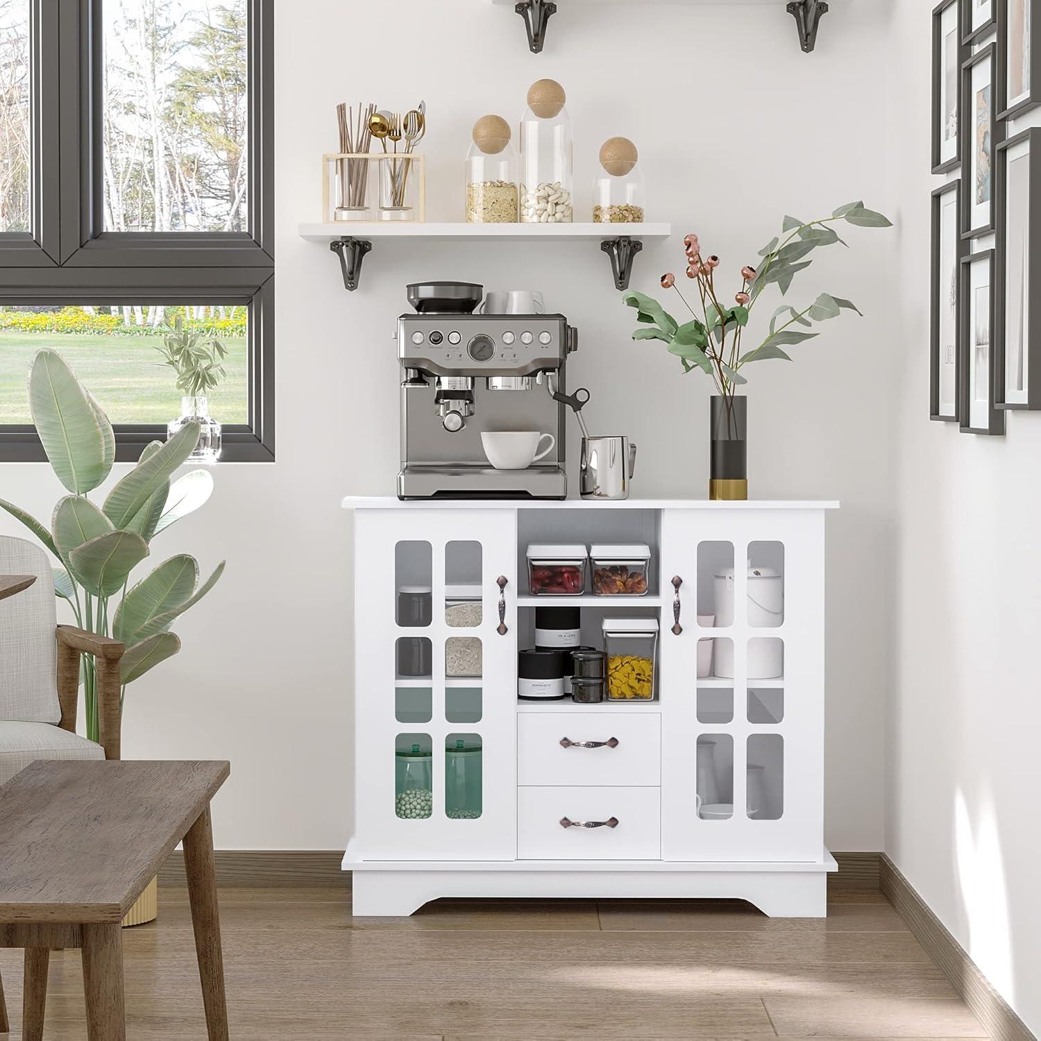 White MDF Sideboard Buffet Cabinet with Glass Doors and Drawers