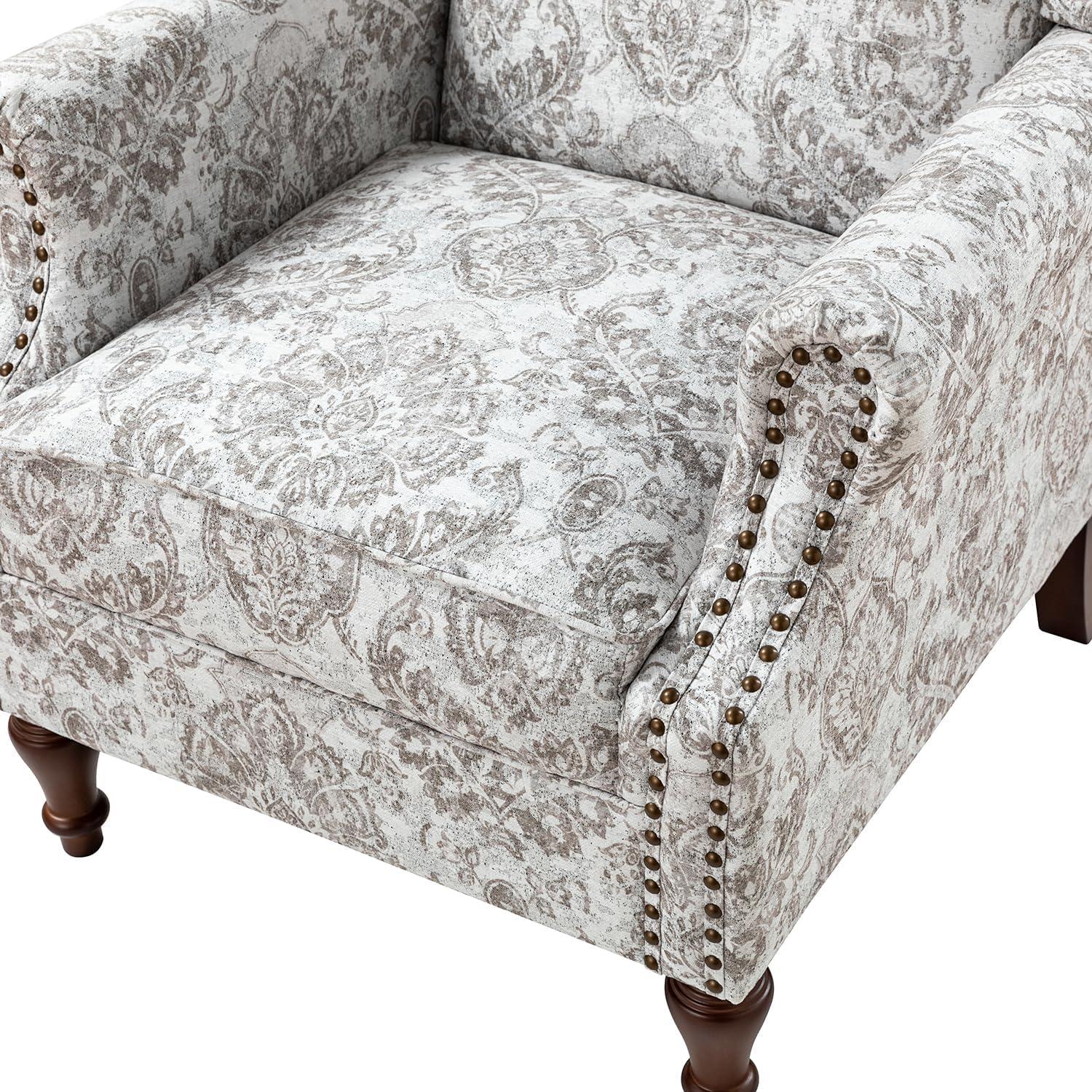 Beige Floral Pattern Wingback Accent Chairs with Wooden Legs