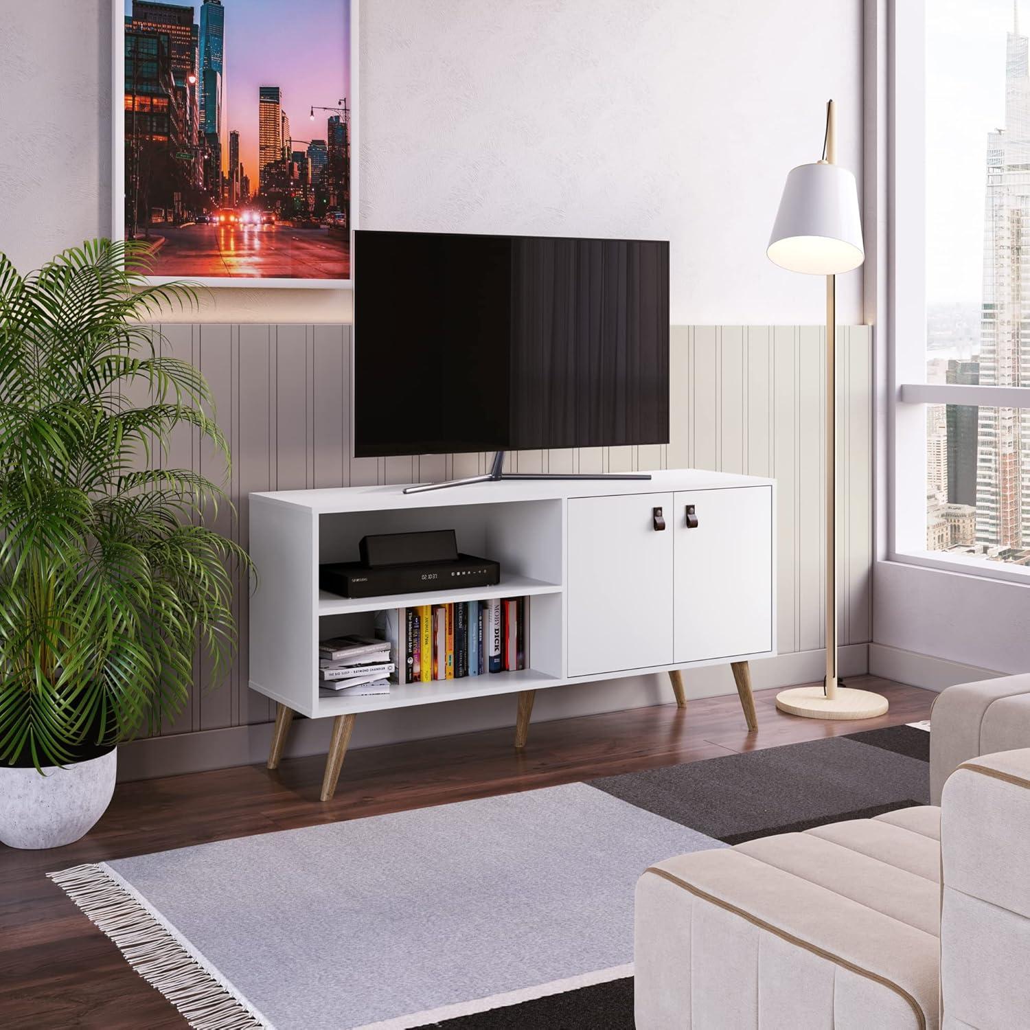 Amber White MDF TV Stand with Faux Leather Handles and Cabinet