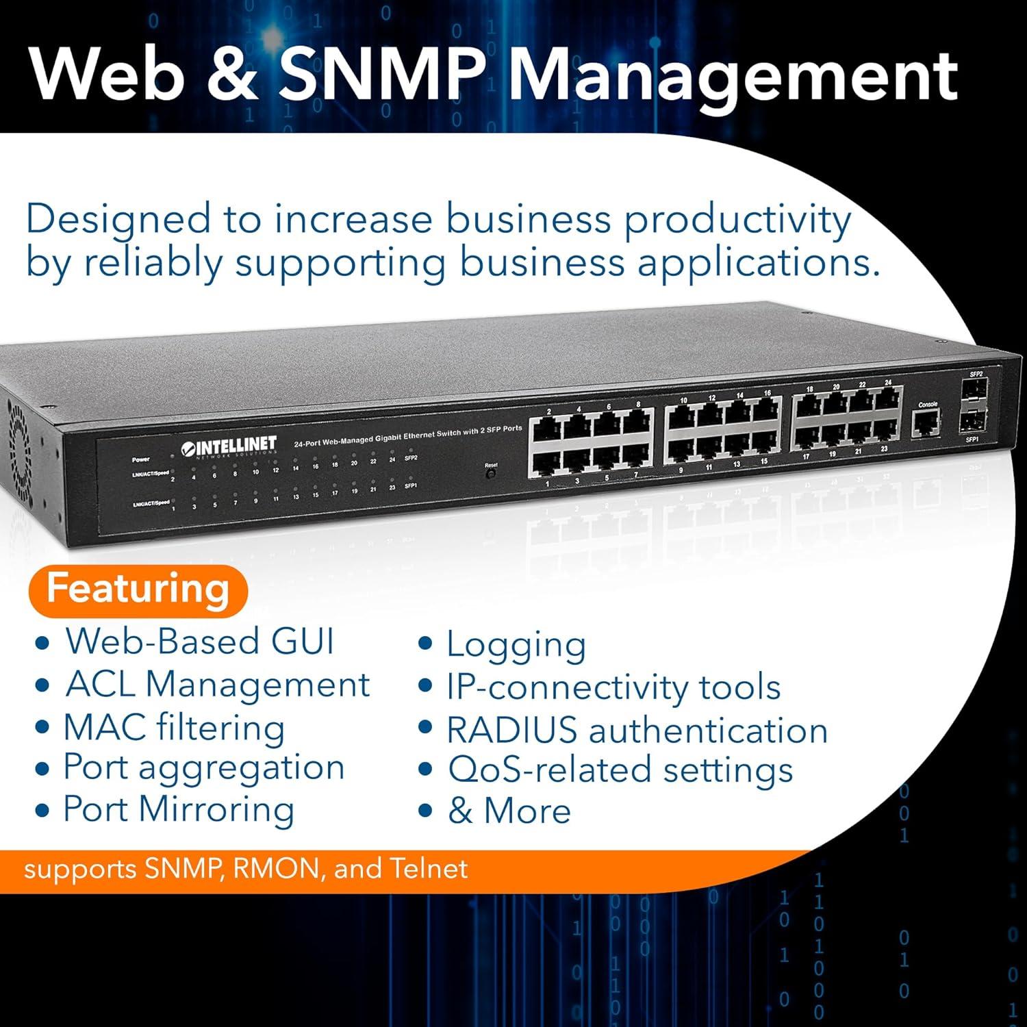 Intellinet 24-Port Web-Managed Gigabit Ethernet Switch with 2 SFP Ports | Fanless | VLAN, SNMP, 802.1X | NDAA
