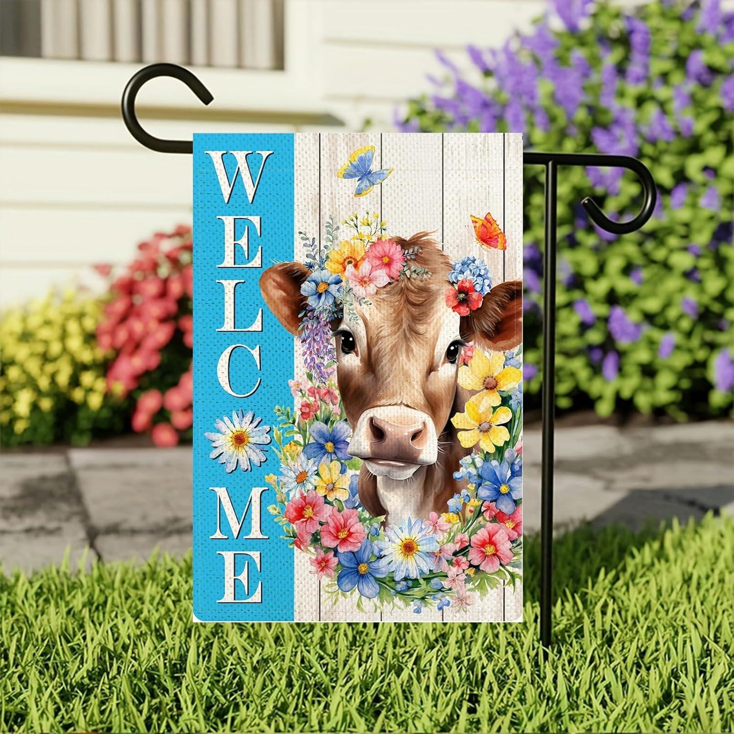 Spring Welcome Cow Garden Flag 12 x 18 inch Double Sided Outside decorations,Funny Cute Animal Flower Butterfly Small Garden Flags For Outdoor Yard Lawn