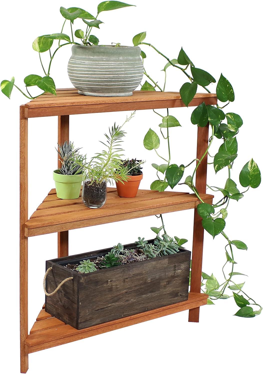 Sunnydaze Indoor/Outdoor Meranti Wood with Teak Oil Finish 3-Tiered Corner Flower Plant Stand Shelf Display - 36" - Brown