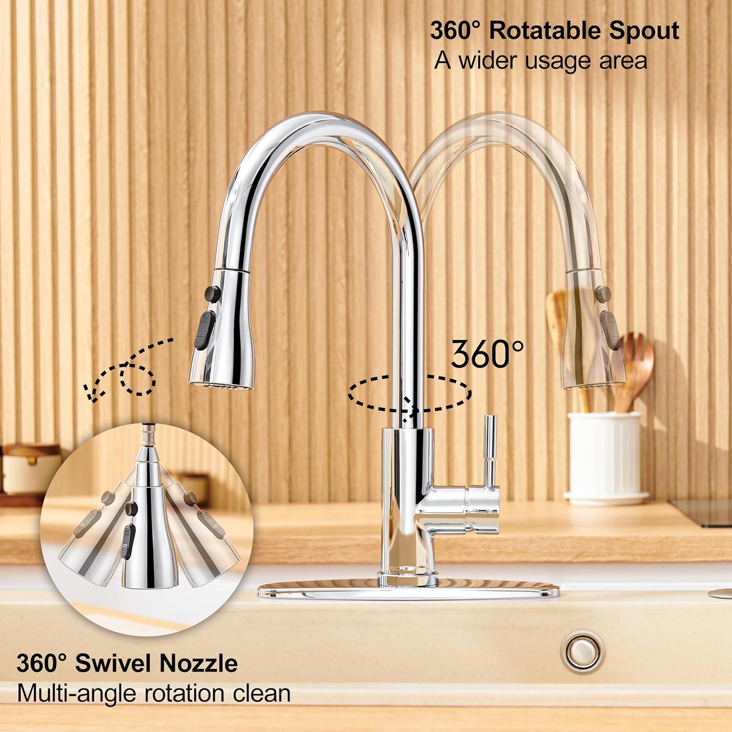 Single Handle Pull Down Sprayer Kitchen Faucet High Arc Stainless Steel Faucet with 3-Function Sprayer