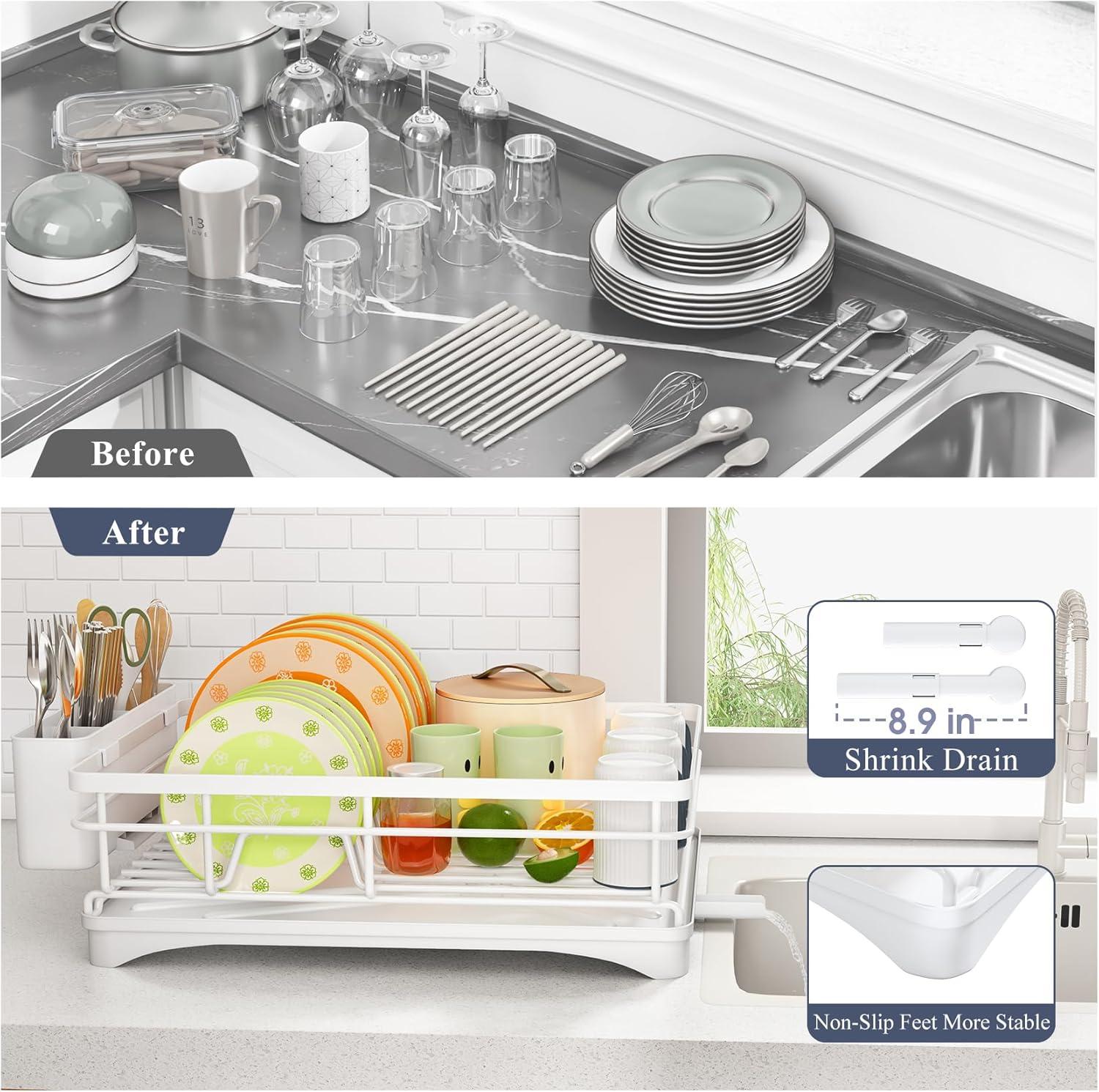 Expandable Stainless Steel Dish Drying Rack with Utensil Holder, White